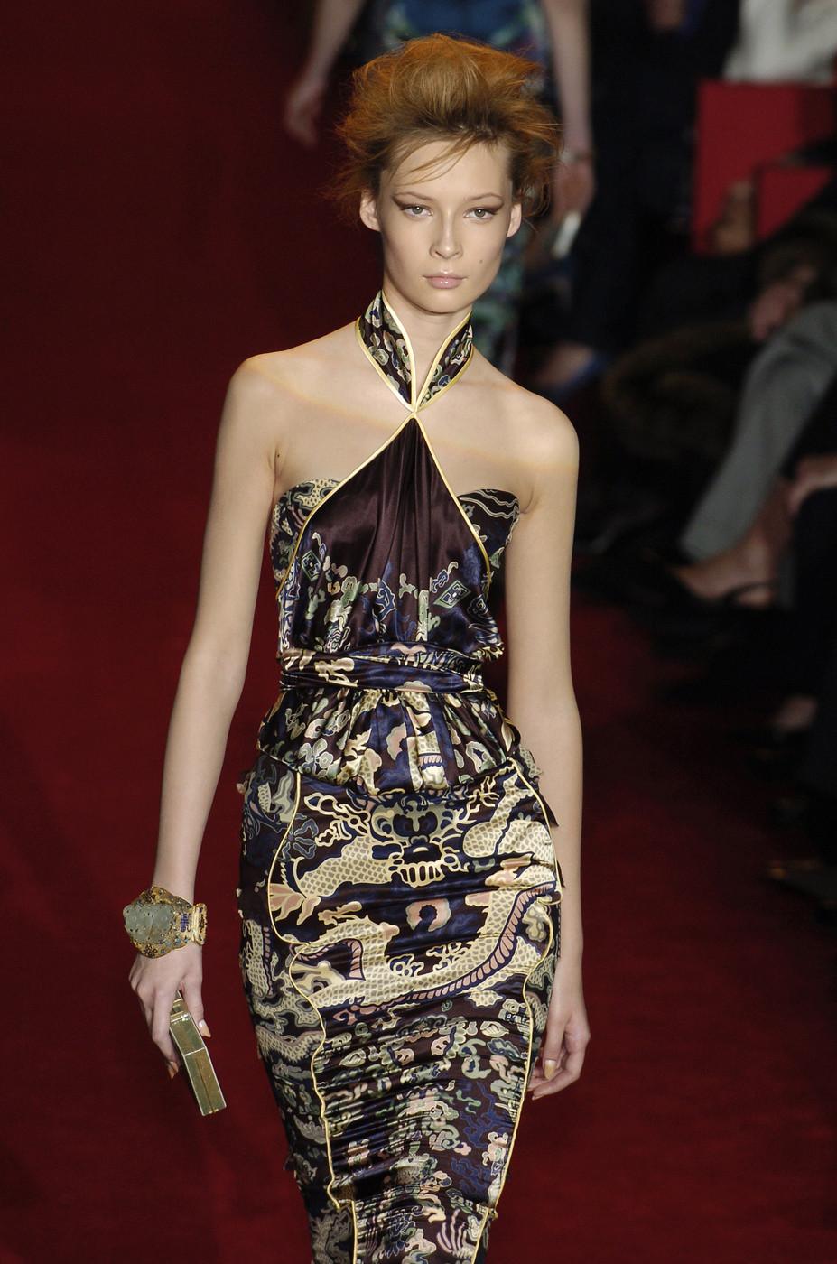 New Tom Ford for Yves Saint Laurent Chinoiserie Collection Skirt Set with Scarf / Belt
F/W 2004 Final Tom Ford Collection for YSL
Top: 100% Silk, Corset Style, Fully Lined, Back Zip Closure.
Measurements: Bust - 32/33 inches,  Waist - 26
