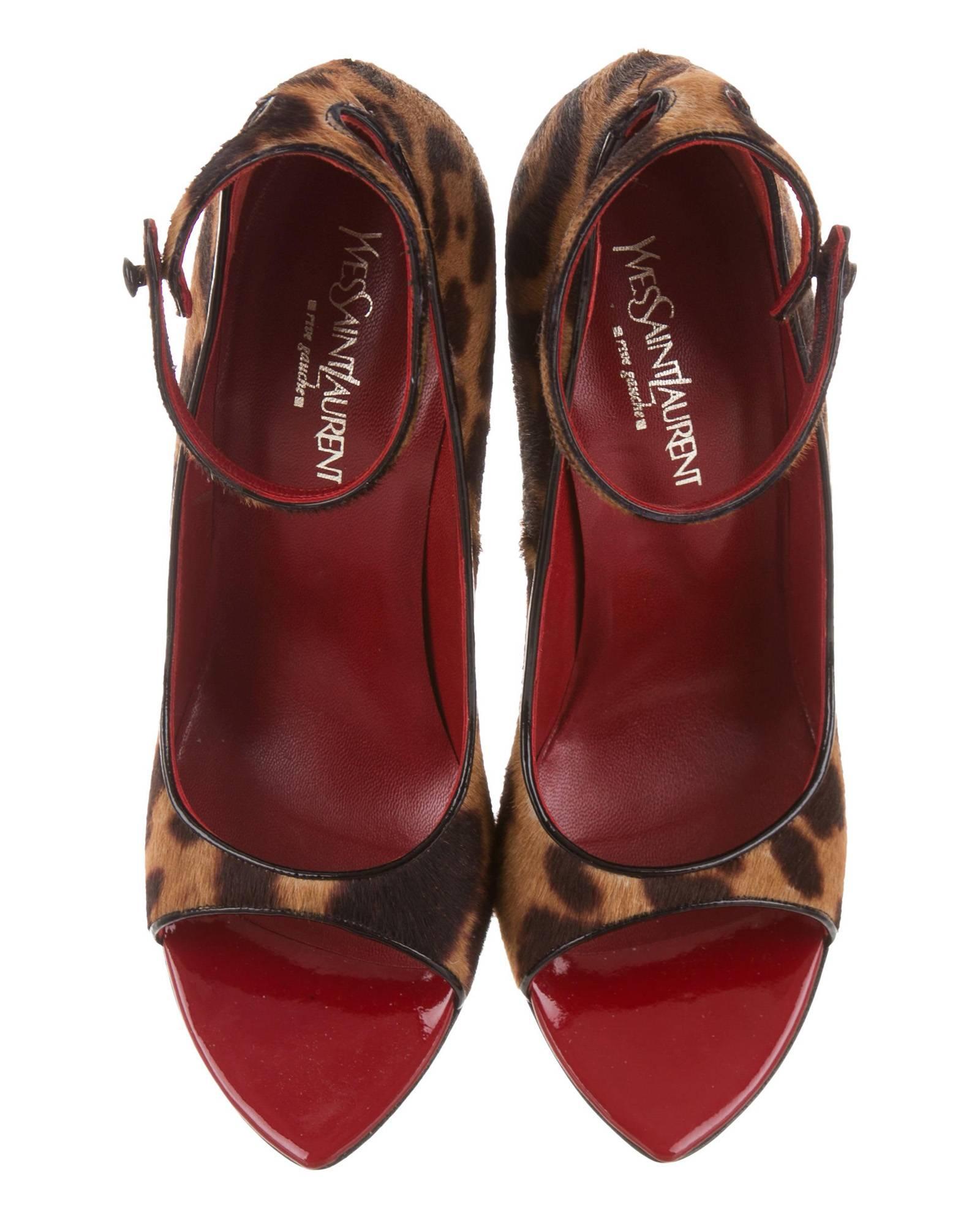 Tom Ford for Yves Saint Laurent Rive Gauche Pony Hair Patent Leather Shoes Wedges
F/W 2004 Collection
Designer size 40
Leopard Print, Pony Hair, Dark Red Patent Leather, Ankle Straps, Leather Sole and Insole, High Heel - 4.5 inches.
Made in