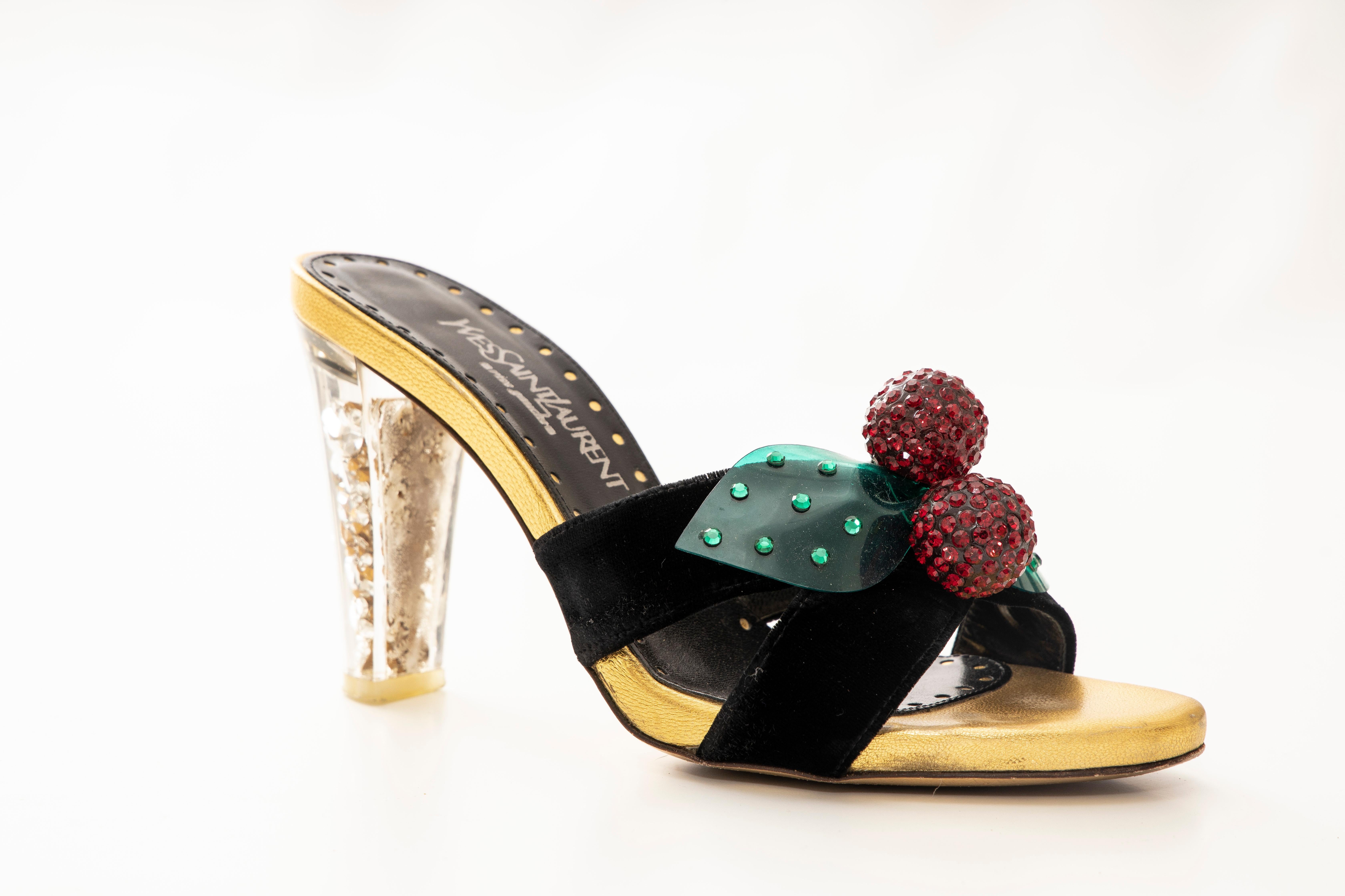 Tom Ford for Yves Saint Laurent Runway Fall 2003 black velvet sandals with crossover accents and detachable embellished cherry accents at vamps featuring jewel embedded lucite heels. 
Includes box.

IT. 37, US. 7
Heels: 3.5