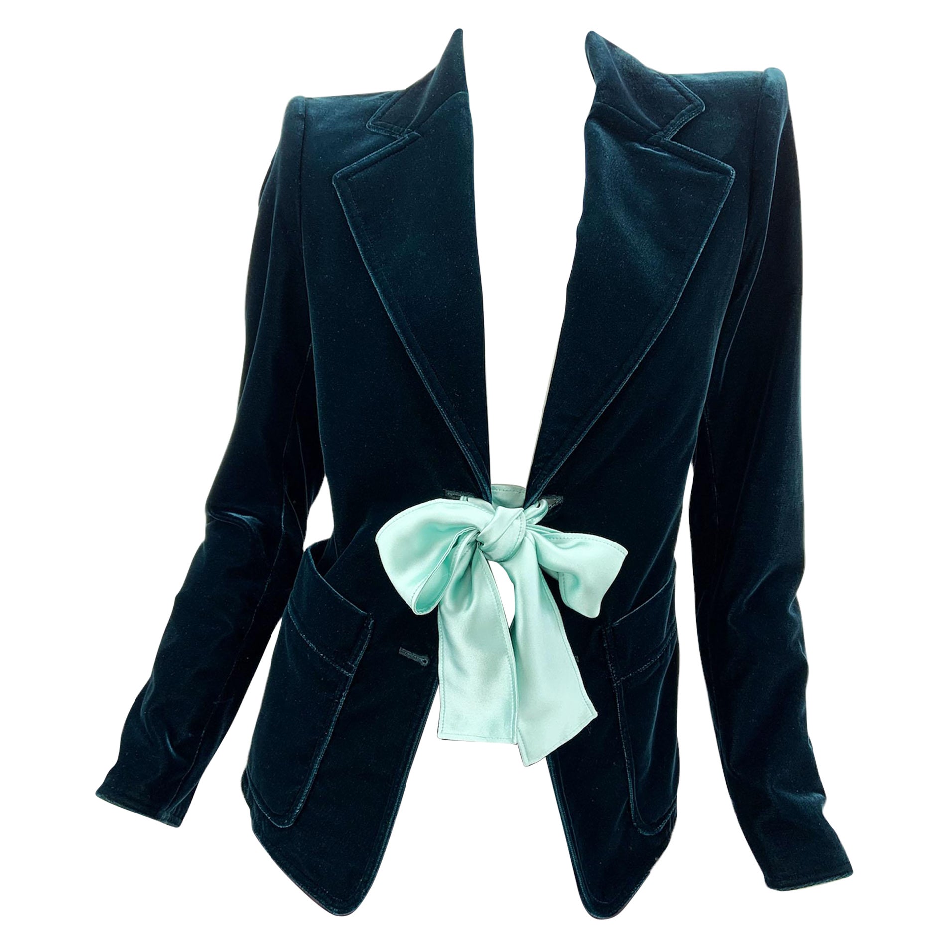 Tom Ford pour Yves Saint Laurent - Blazer à nœud en velours vert, défilé A/H 2003, taille S en vente