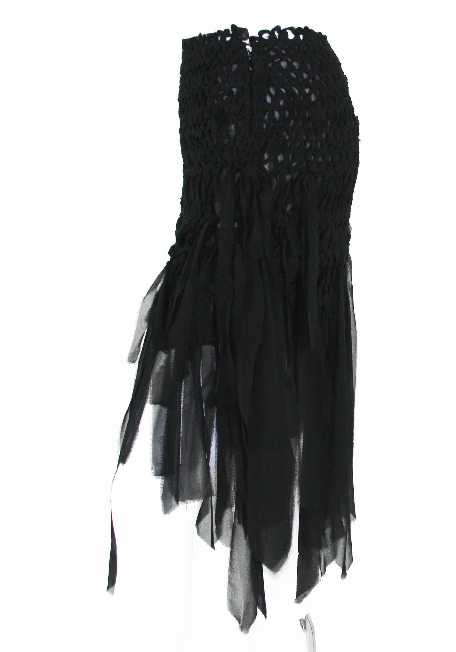 Tom Ford for Yves Saint Laurent S/S 2002 Mini Black Silk Woven Fringe Skirt S M In Excellent Condition For Sale In Montgomery, TX