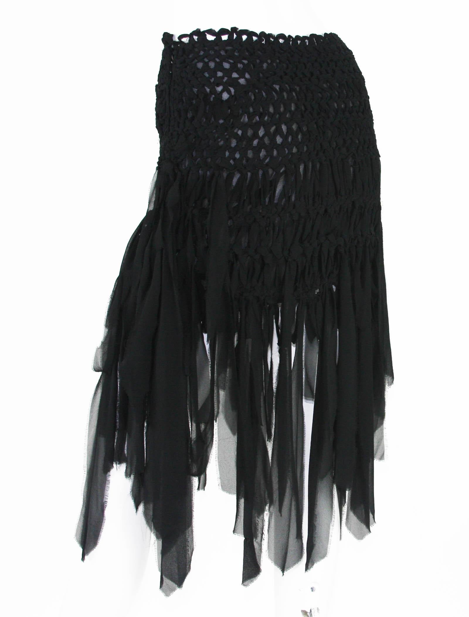 Women's Tom Ford for Yves Saint Laurent S/S 2002 Mini Black Silk Woven Fringe Skirt S M For Sale