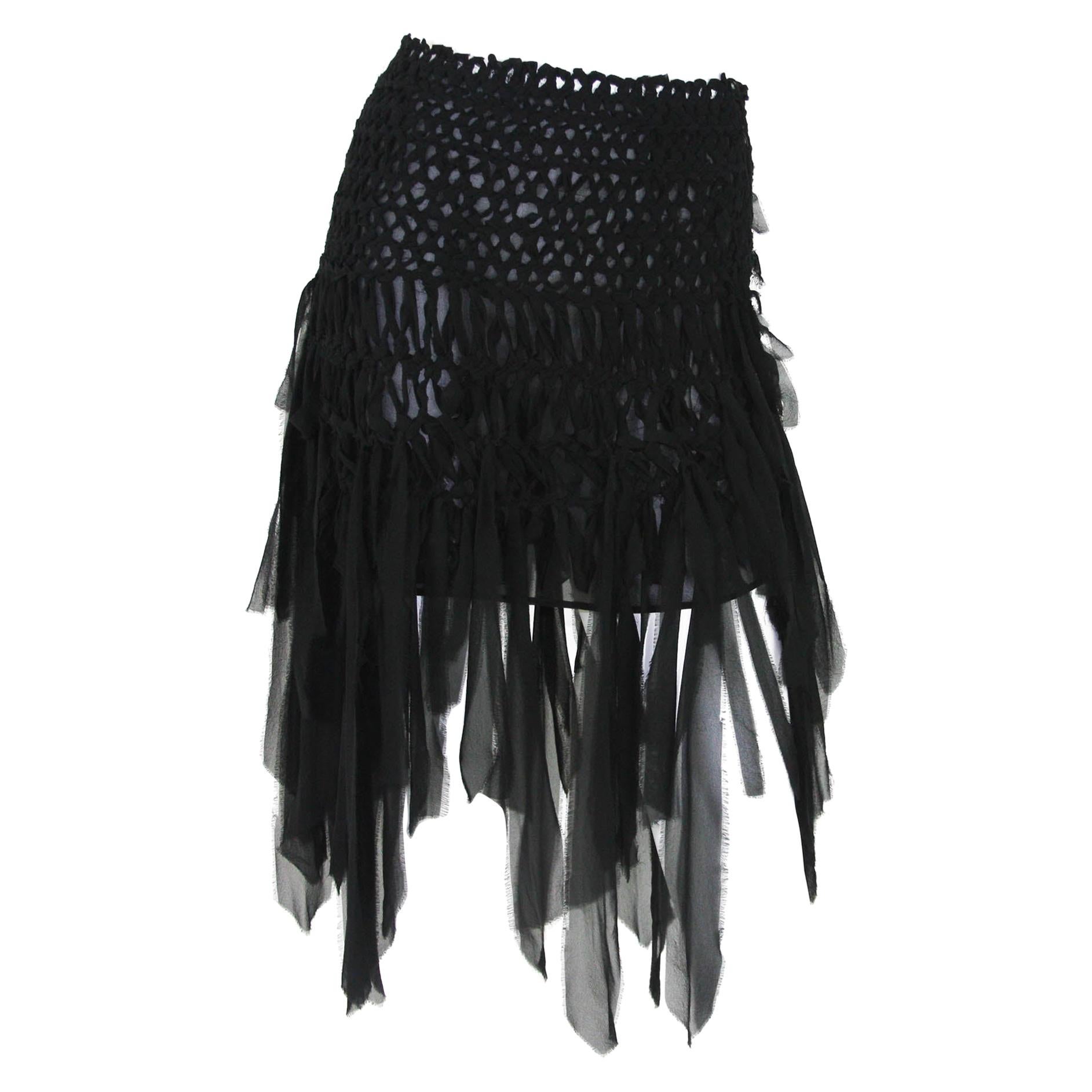 Tom Ford for Yves Saint Laurent S/S 2002 Mini Black Silk Woven Fringe Skirt S M For Sale