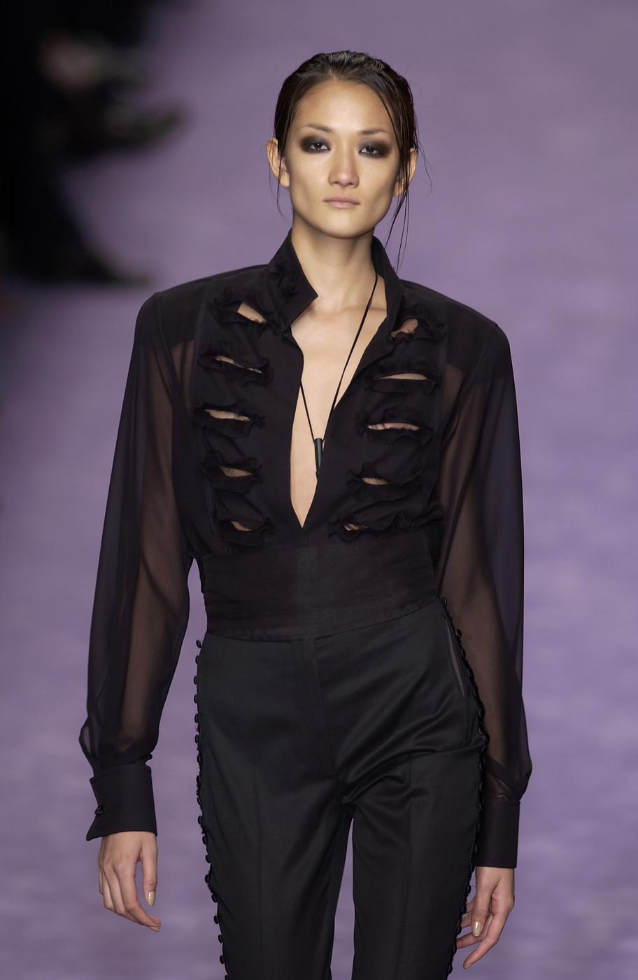 Tom Ford for Yves Saint Laurent S/S 2003 Runway Silk Black Blouse L/XL In Excellent Condition For Sale In Montgomery, TX