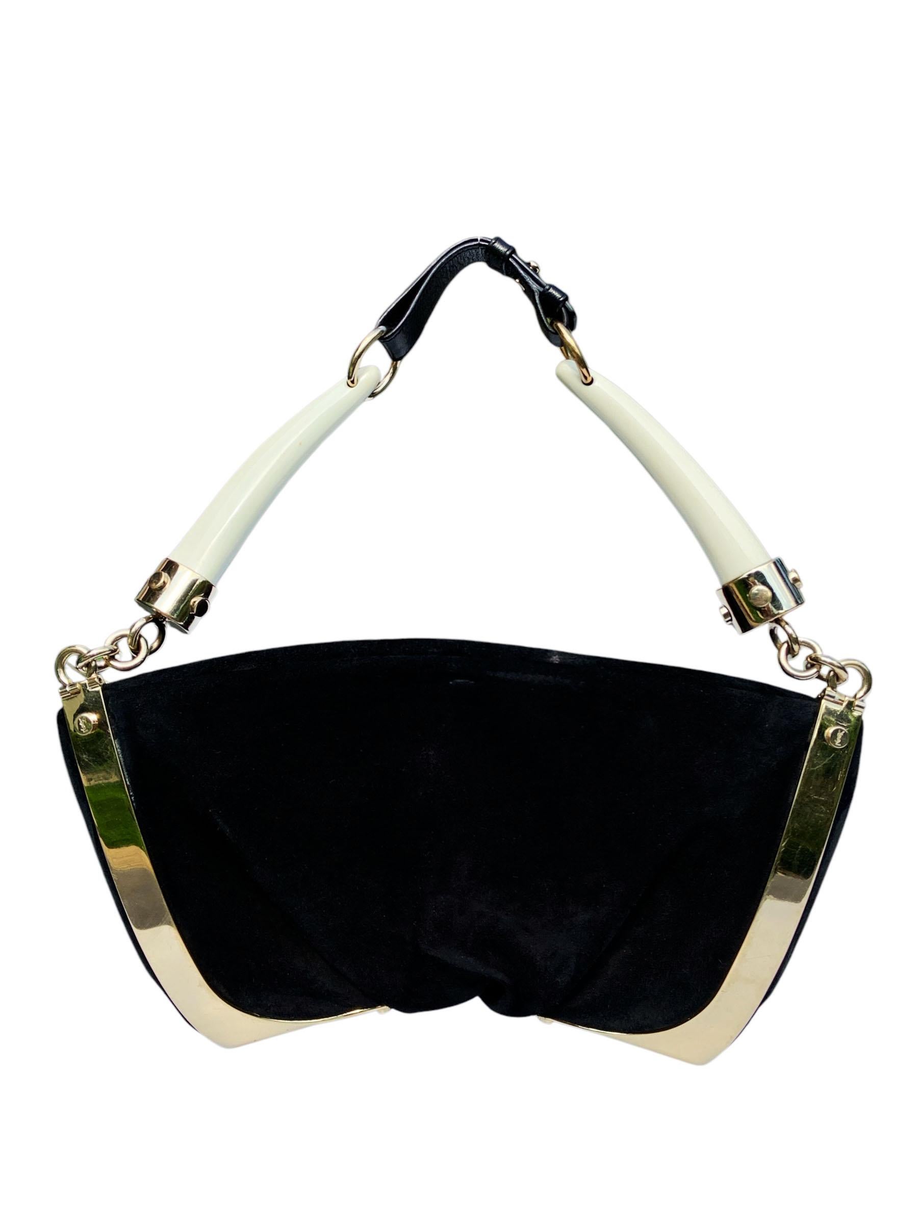 Noir Tom Ford for Yves Saint Laurent S/S 2004 Sac en daim noir à double armature en corne en vente