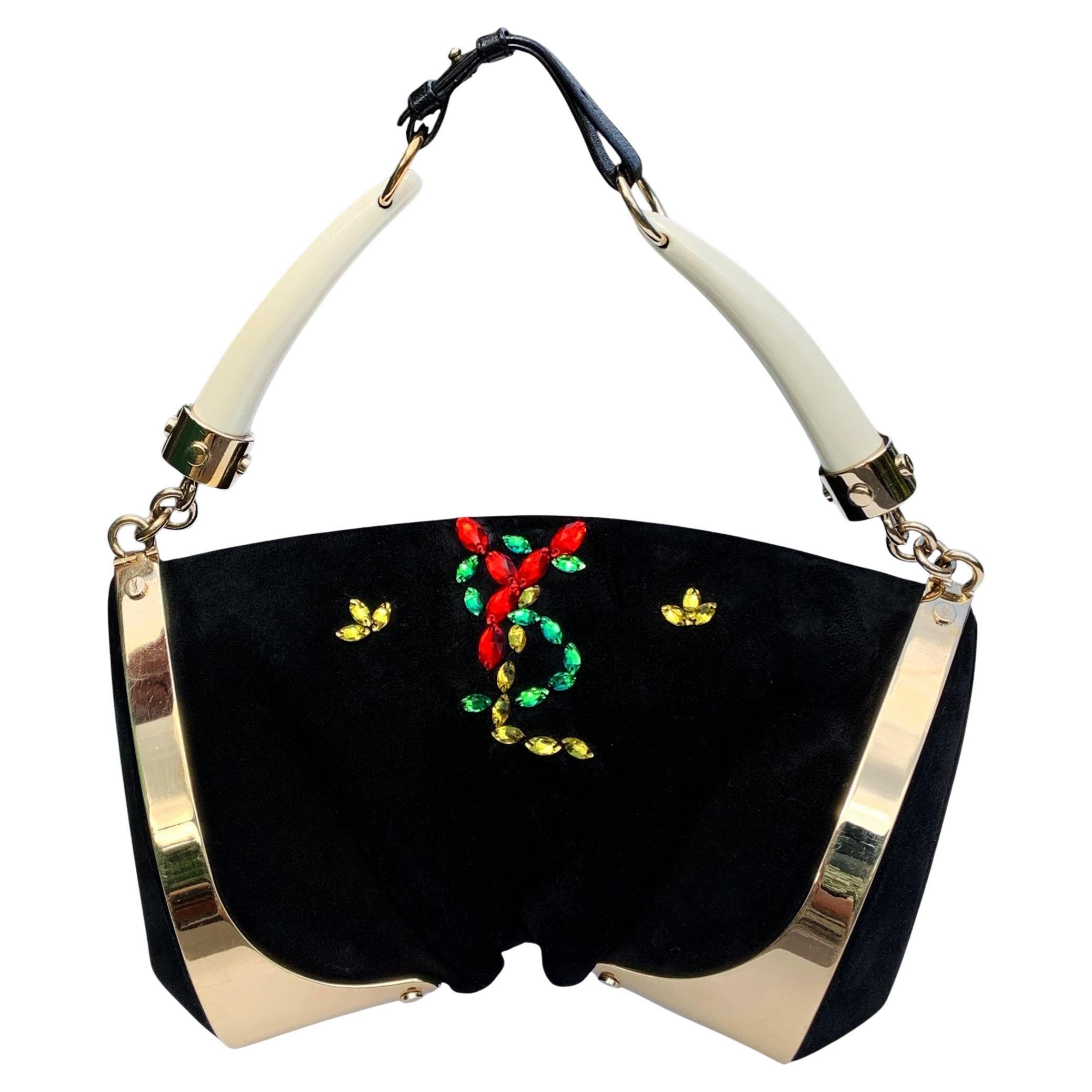 Tom Ford for Yves Saint Laurent S/S 2004 Double Horn Frame Black Suede Bag