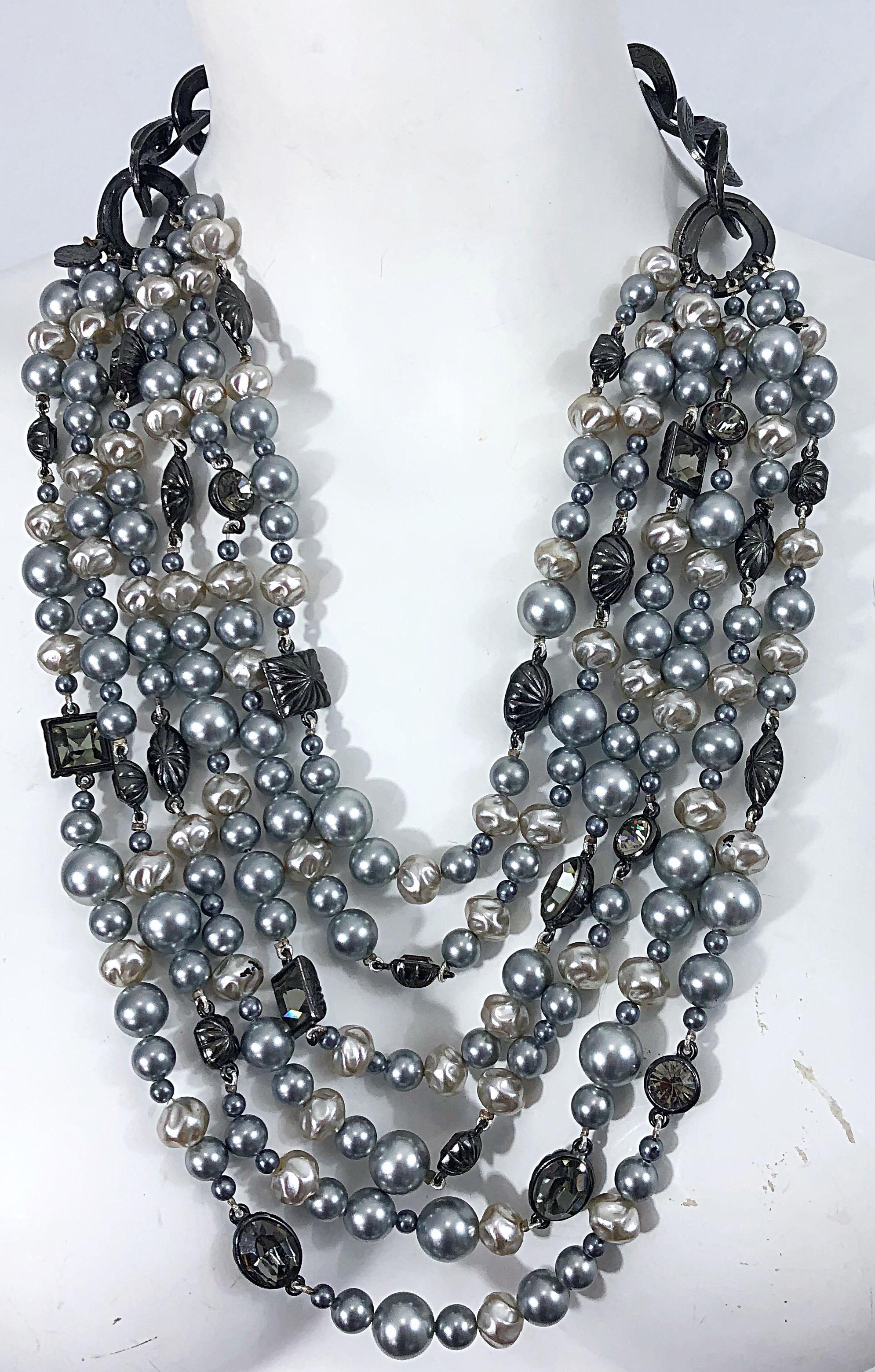 Tom Ford for Yves Saint Laurent Silver Gunmetal Pearls Rhinestones Necklace YSL 5