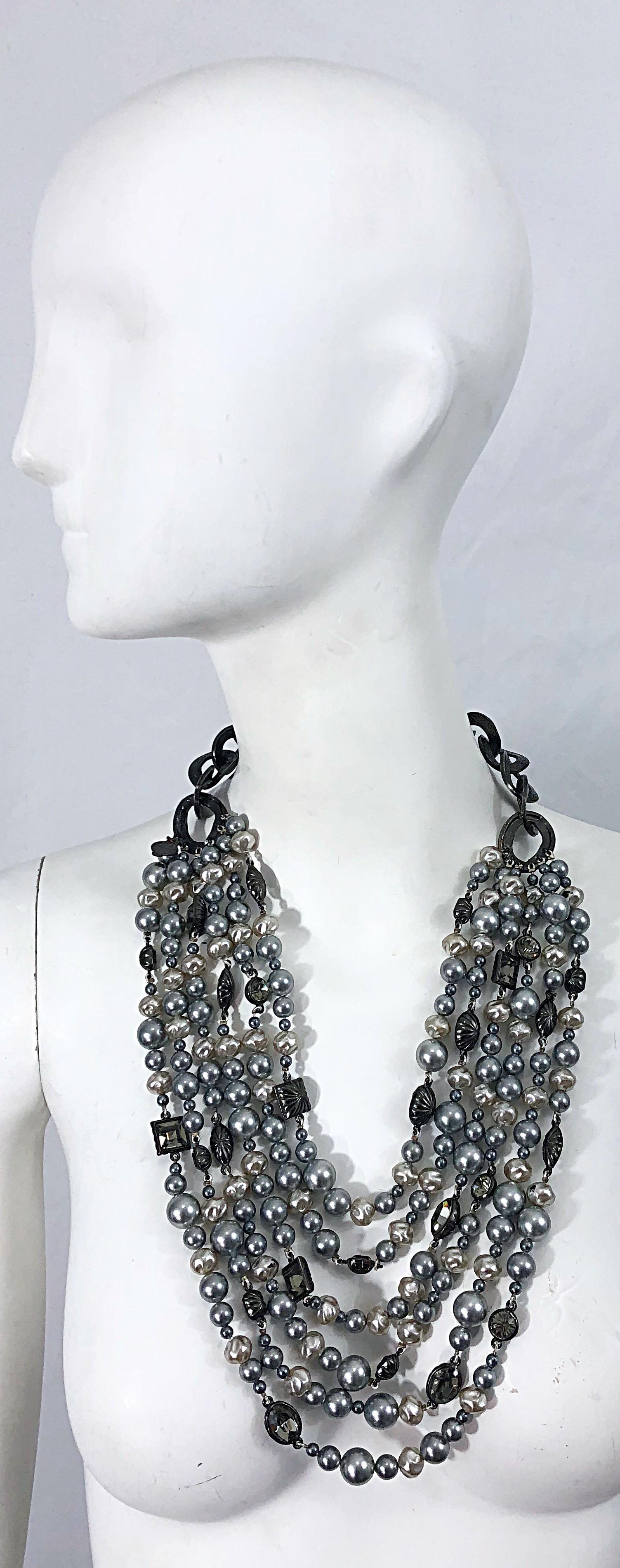 Rare and collectible vintage TOM FORD for YVES SAINT LAURENT Rive Gauche silver and gunmetal pearl and rhinestone statement necklace ! Features six strands of faux pearls intertwined with large square, round, diamond cut rhinestones. Intricately