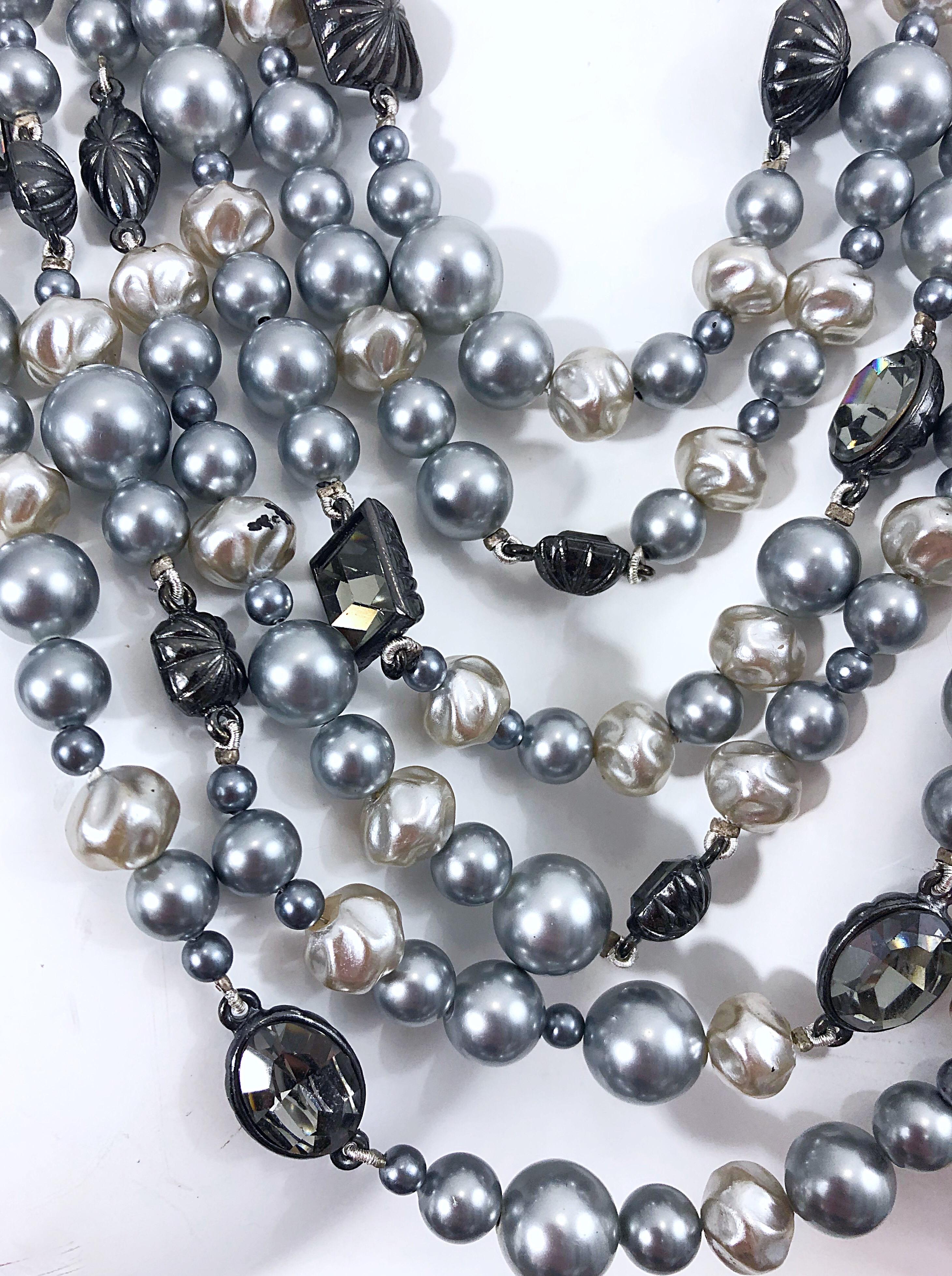 Mixed Cut Tom Ford for Yves Saint Laurent Silver Gunmetal Pearls Rhinestones Necklace YSL