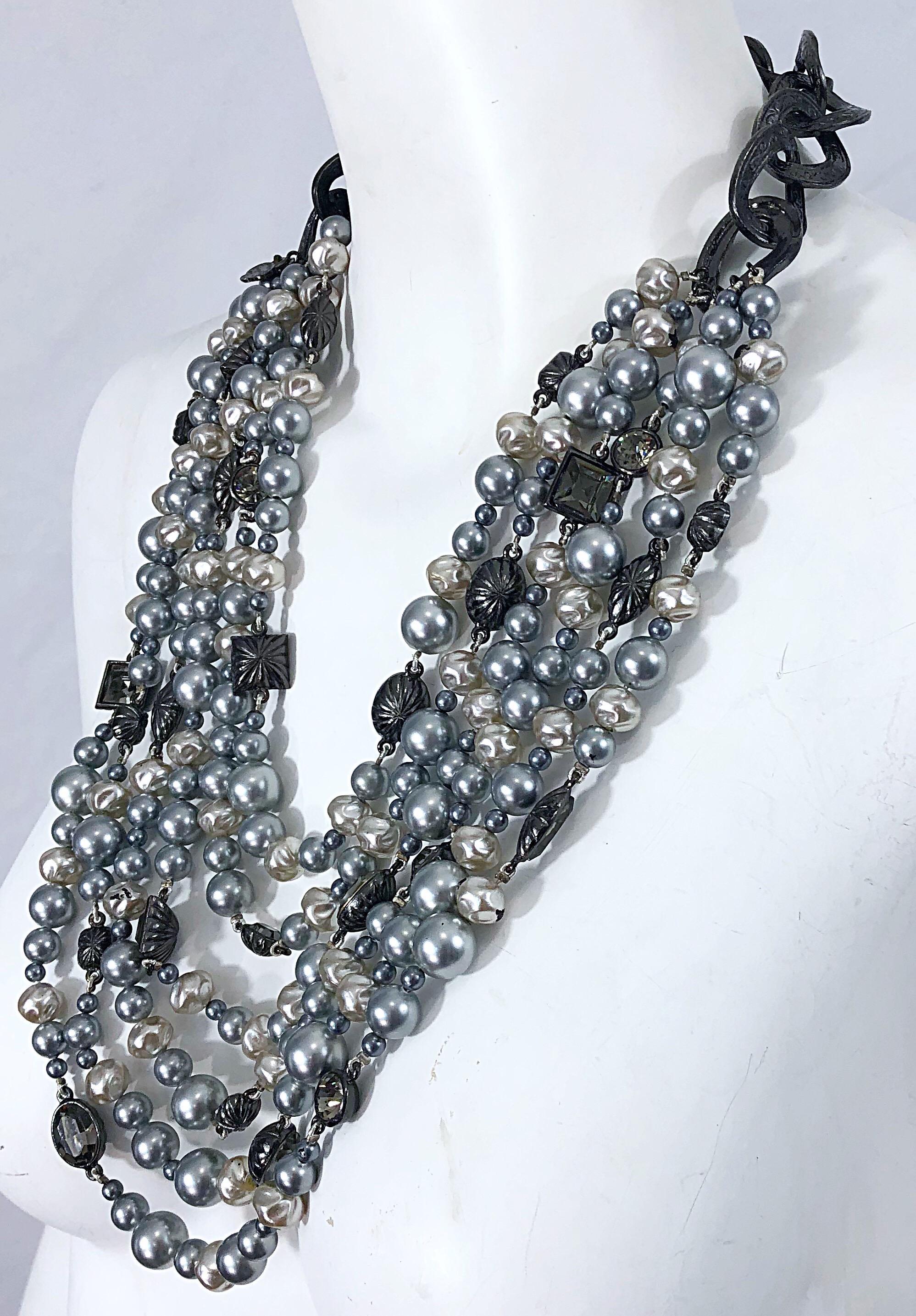 Tom Ford for Yves Saint Laurent Silver Gunmetal Pearls Rhinestones Necklace YSL In Excellent Condition In San Diego, CA