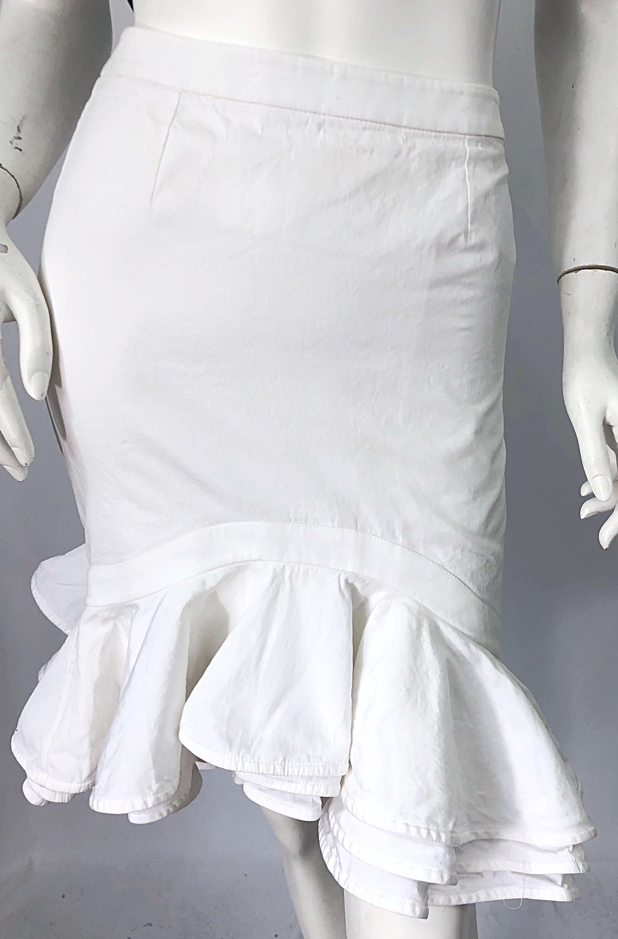 Tom Ford for Yves Saint Laurent Size 42 / US 10 White Cotton Flamenco Skirt YSL In Excellent Condition For Sale In San Diego, CA