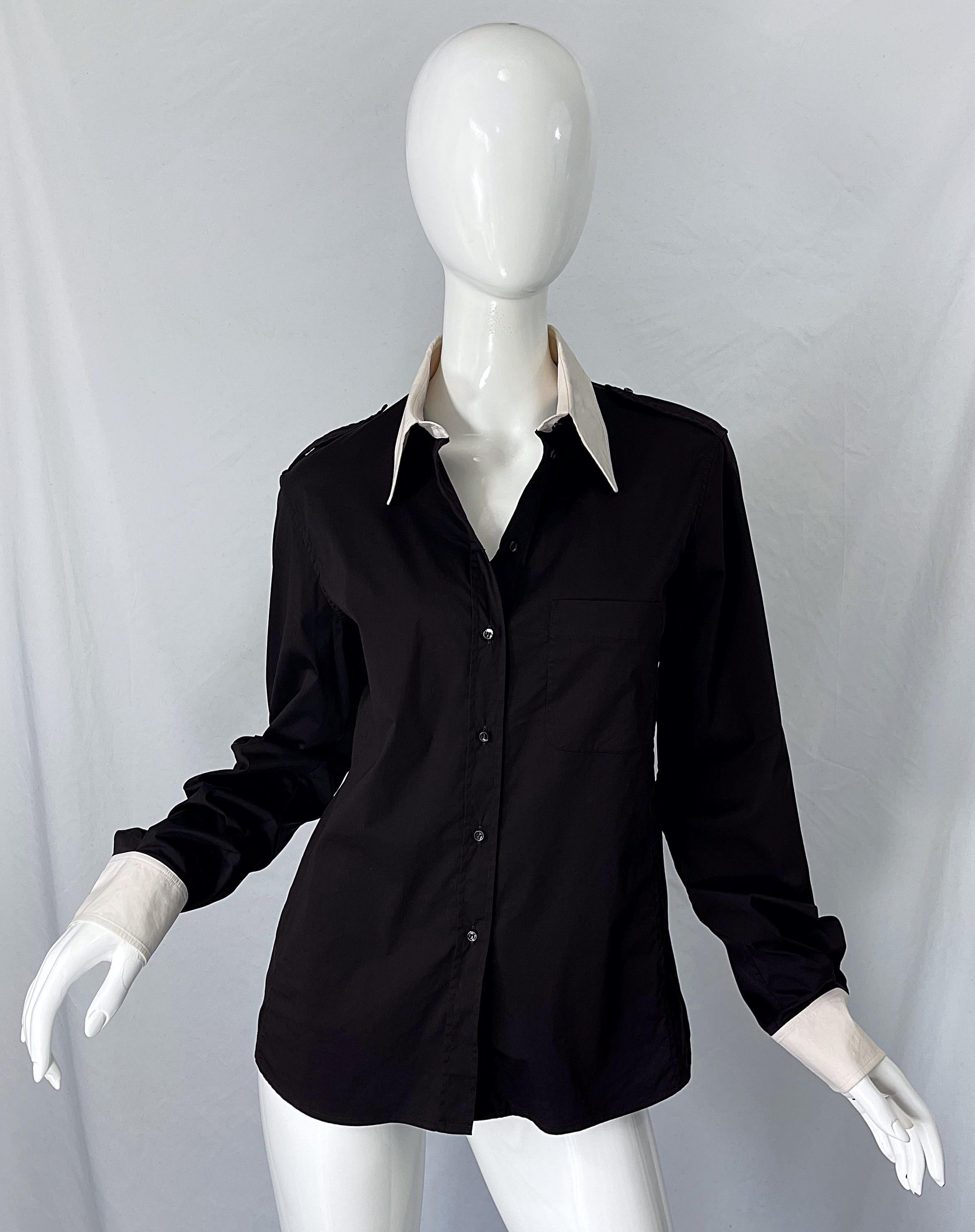 Tom Ford for Yves Saint Laurent Size 44 / 12 Black and White Early 2000s Blouse For Sale 5
