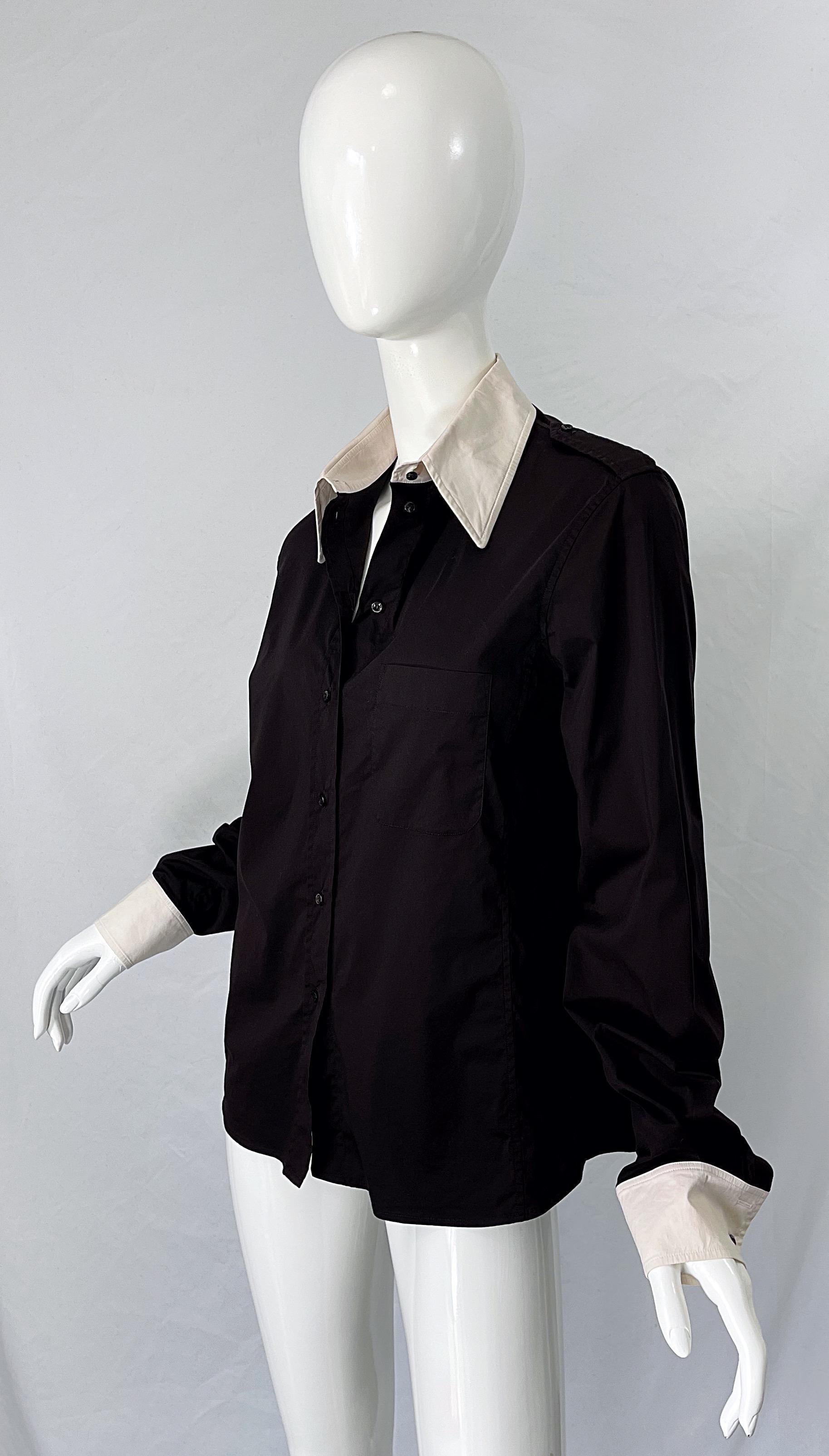 Tom Ford for Yves Saint Laurent Size 44 / 12 Black and White Early 2000s Blouse For Sale 1