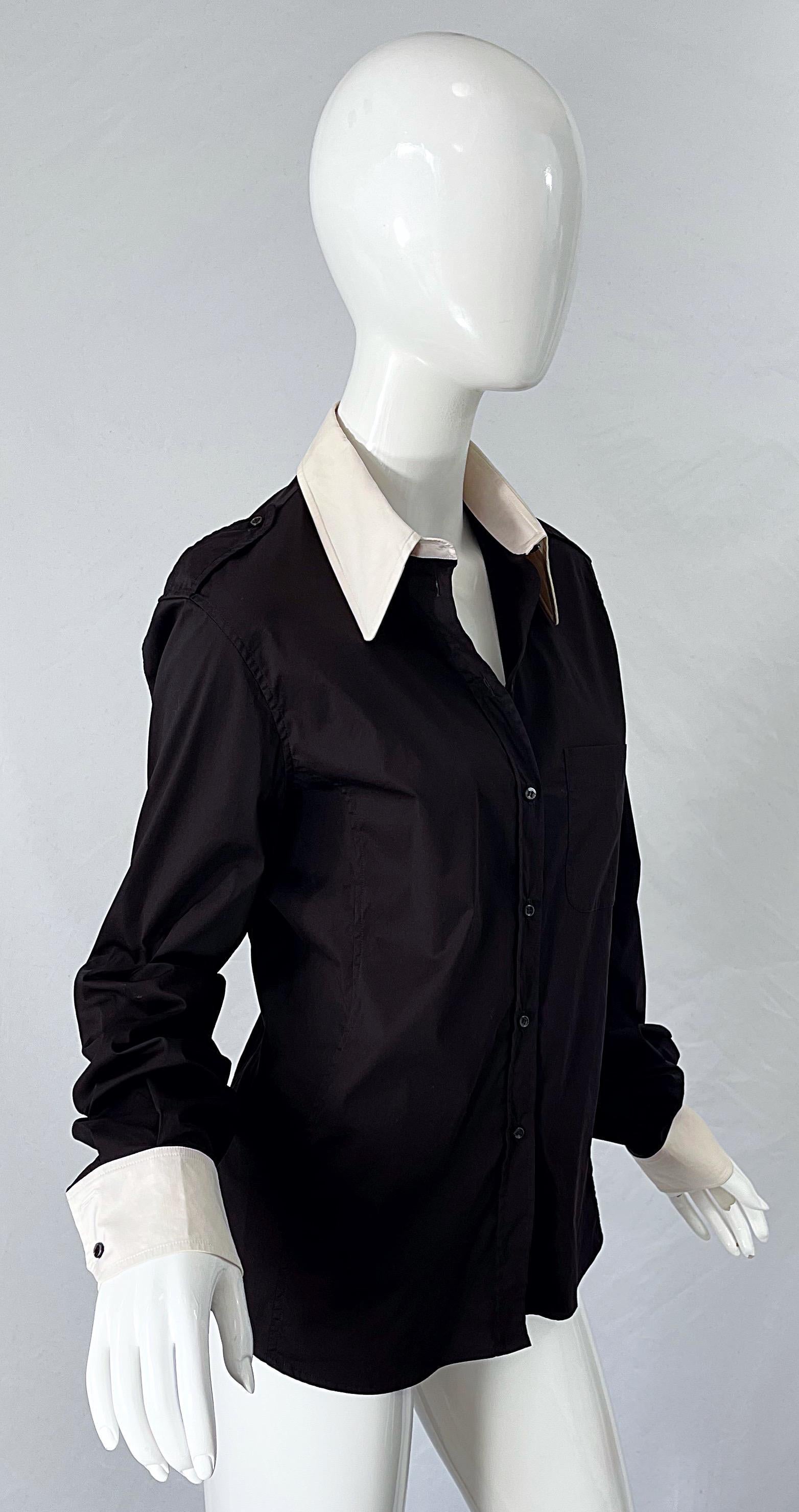 Tom Ford for Yves Saint Laurent Size 44 / 12 Black and White Early 2000s Blouse For Sale 2