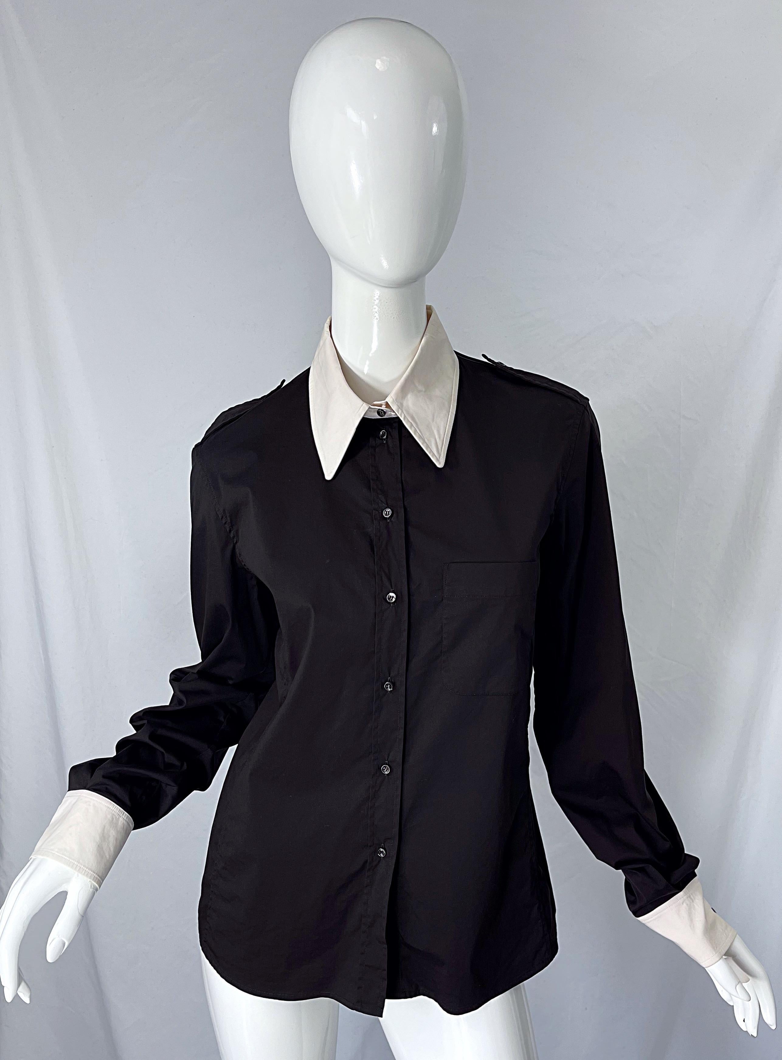 Tom Ford for Yves Saint Laurent Size 44 / 12 Black and White Early 2000s Blouse For Sale 3