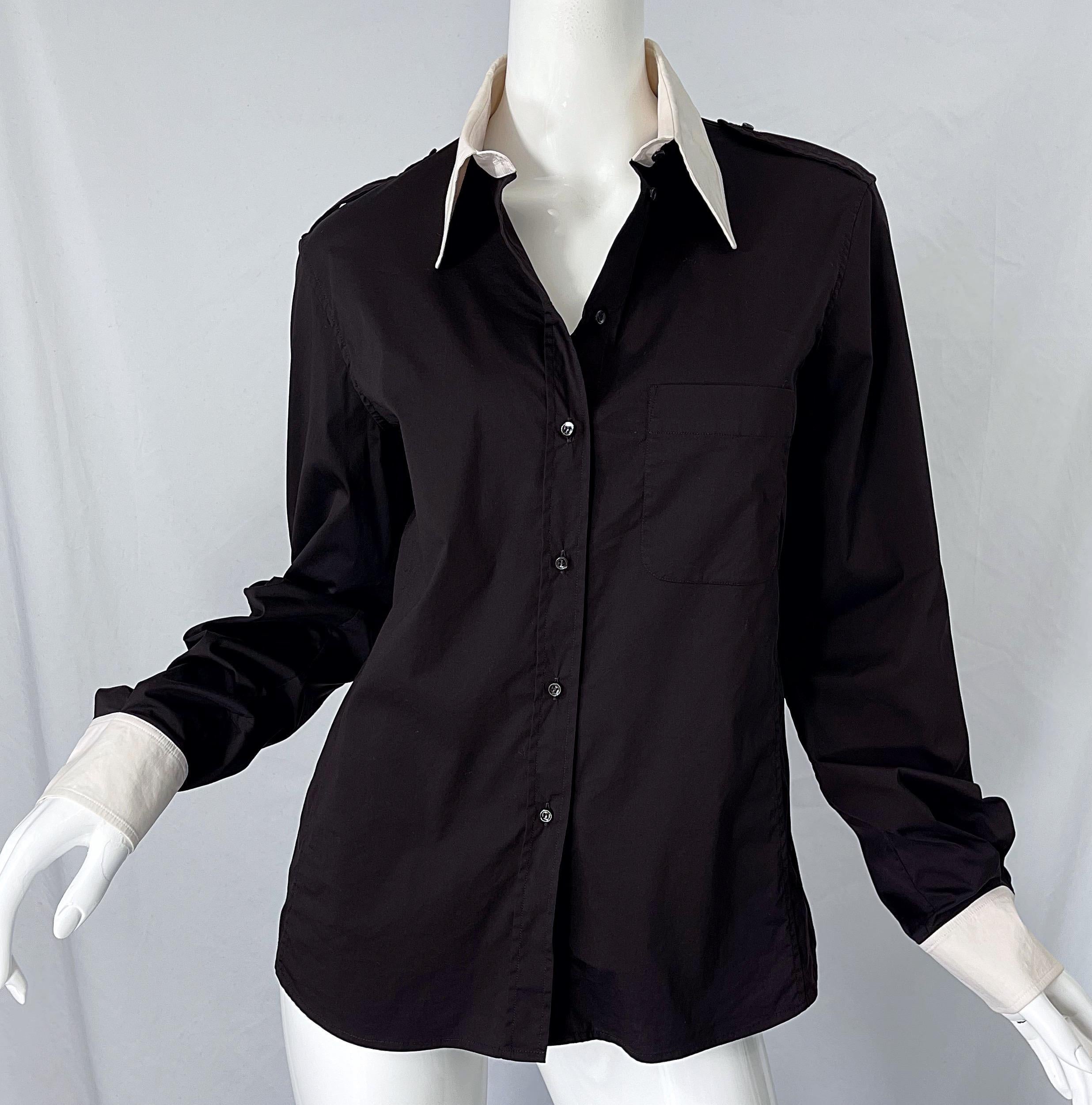 Tom Ford for Yves Saint Laurent Size 44 / 12 Black and White Early 2000s Blouse For Sale 4