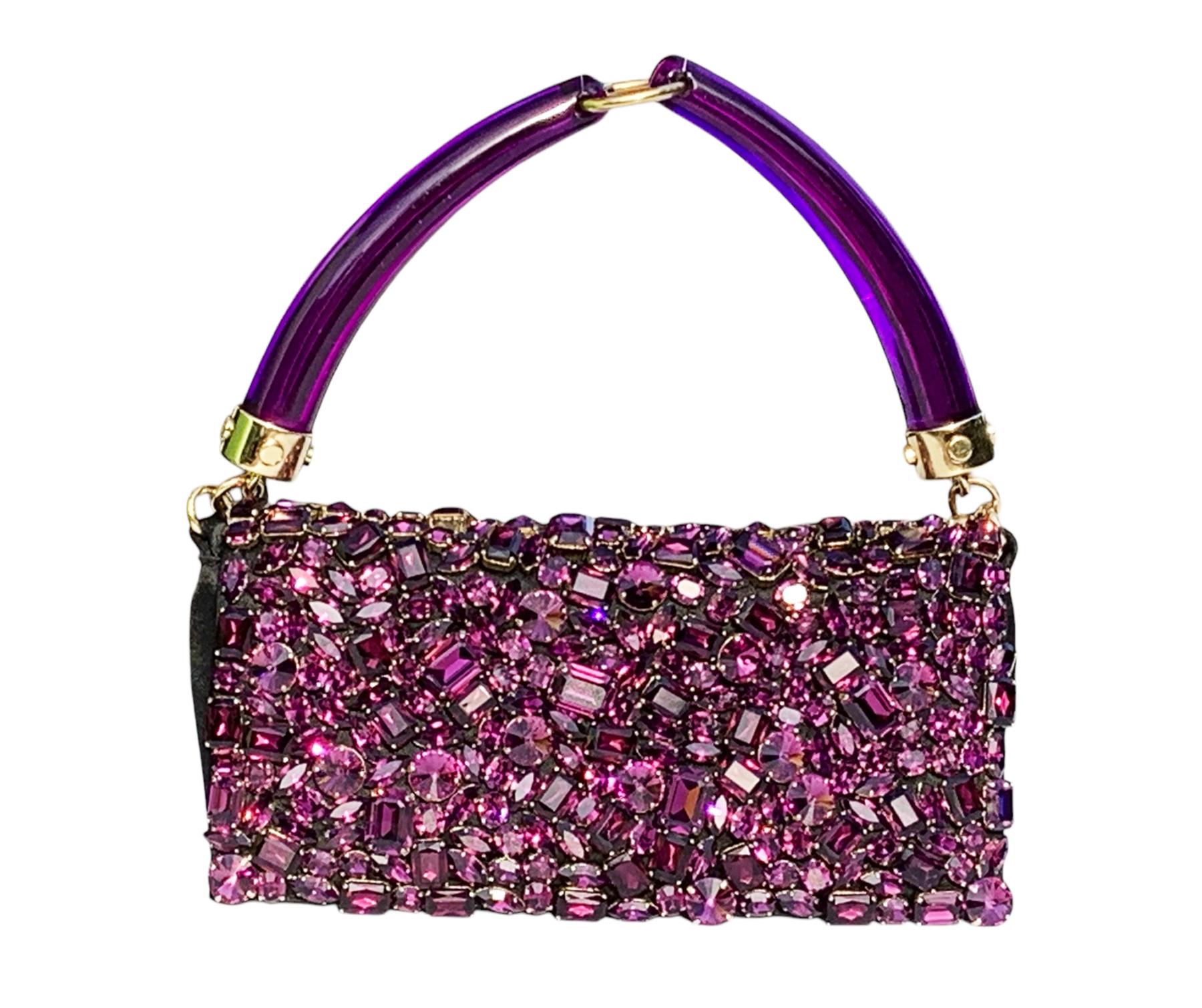 Vintage Tom Ford for Yves Saint Laurent Rive Gauche Jeweled Bag Clutch. 
Limited Edition, Black satin bag clutch embellished with purple crystals, Iconic horn style acrylic handle, Gold tone hardware, Satin lining, One inner pocket, Magnetic