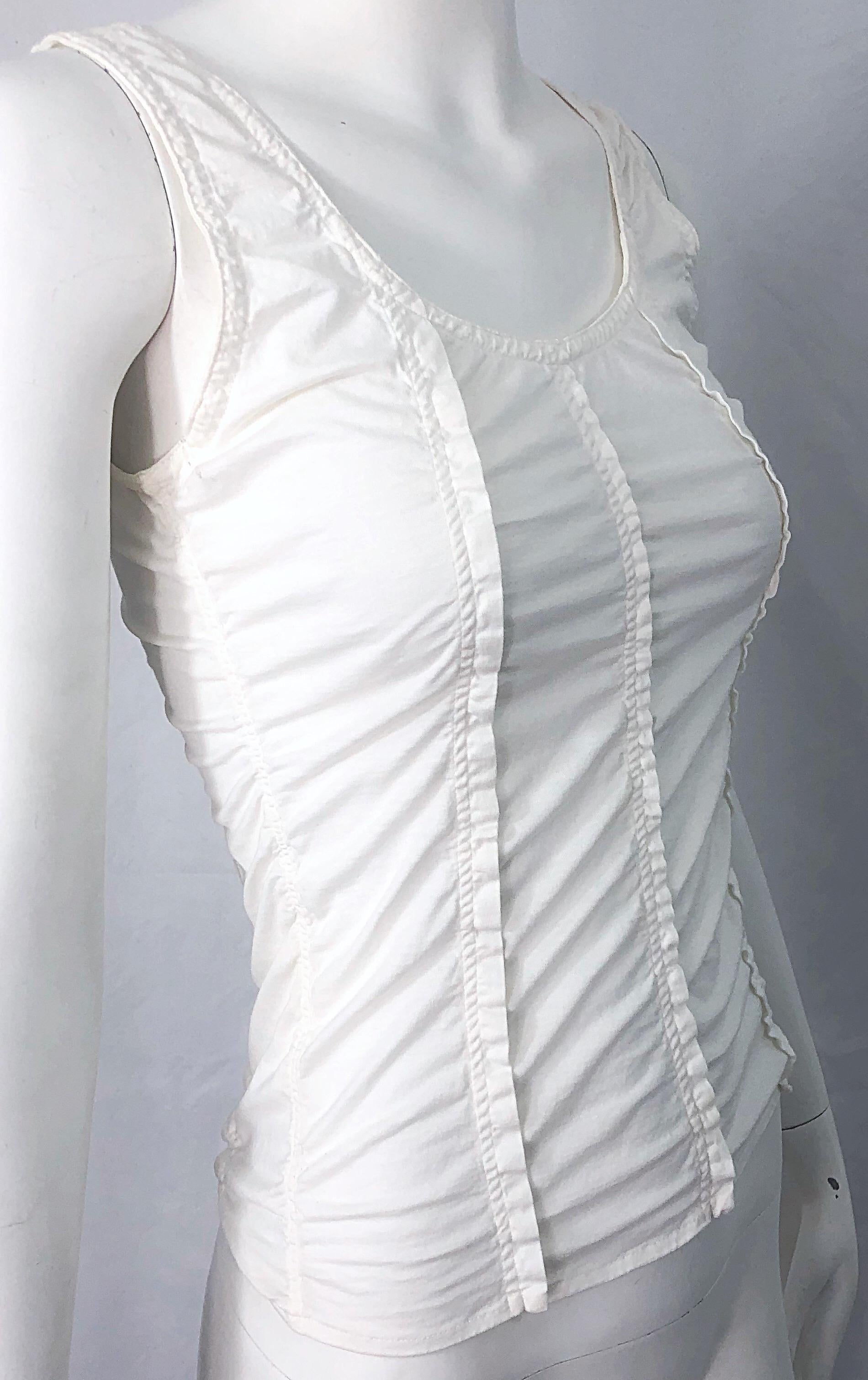 Donna Tom Ford for Yves Saint Laurent Canotta in cotone bianco con volant Camicetta YSL