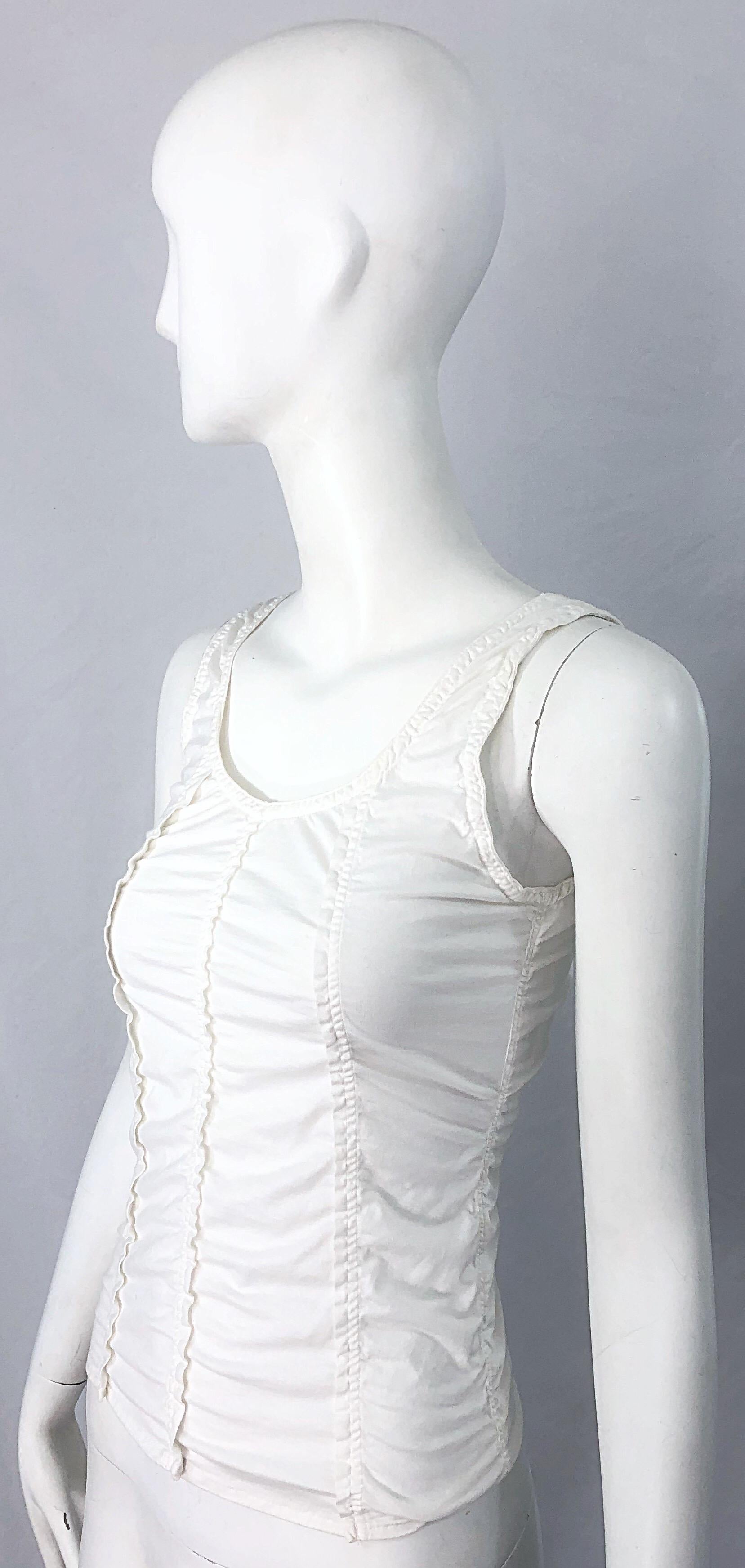 Gray Tom Ford for Yves Saint Laurent White Cotton Ruffled Tank Top Shirt Blouse YSL