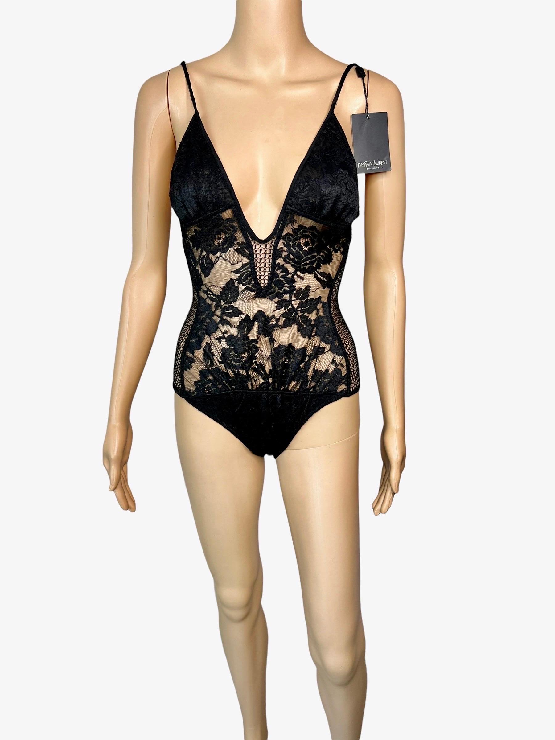 Tom Ford for Yves Saint Laurent YSL c.2002 Sheer Lace Fishnet Black Bodysuit Top In Excellent Condition For Sale In Naples, FL