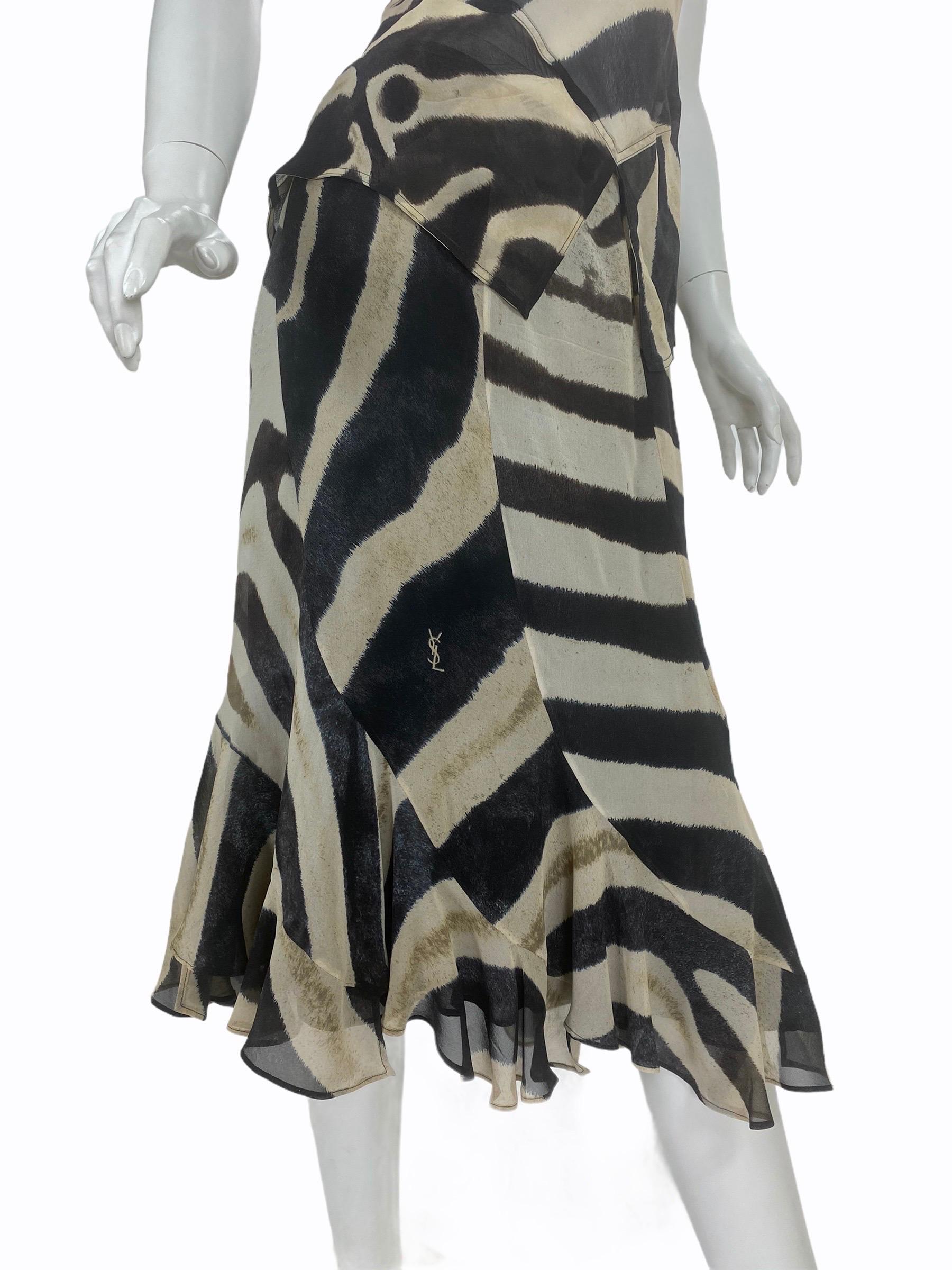  Tom Ford for Yves Saint SS 2002 Laurent Animal Printed Silk Chiffon Dress Set L In New Condition For Sale In Montgomery, TX