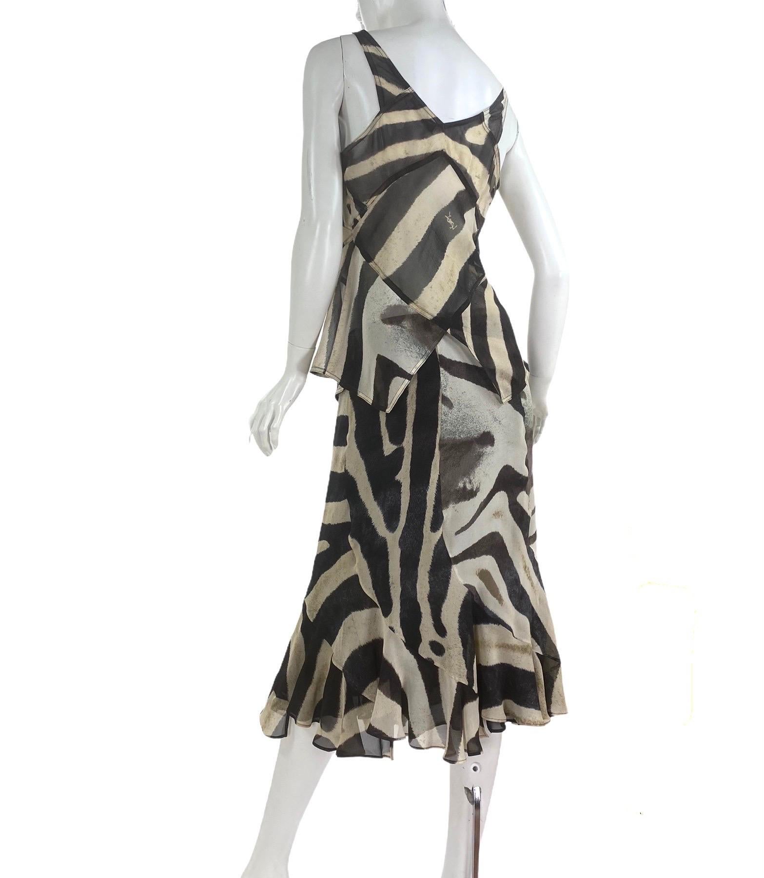  Tom Ford for Yves Saint SS 2002 Laurent Animal Printed Silk Chiffon Dress Set L For Sale 1
