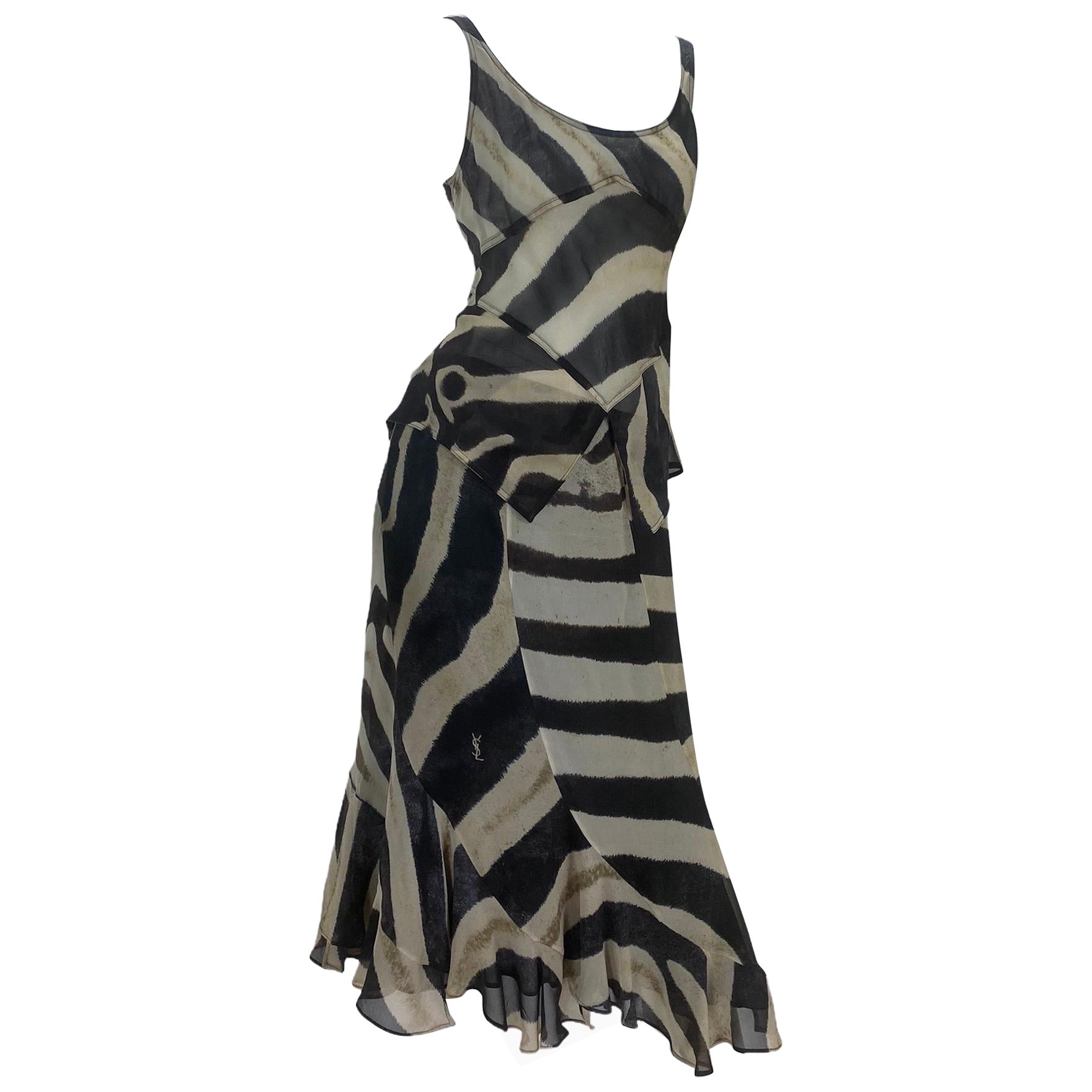 Tom Ford für Yves Saint SS 2002 Laurent Bedrucktes Seidenchiffonkleid mit Tiermuster L