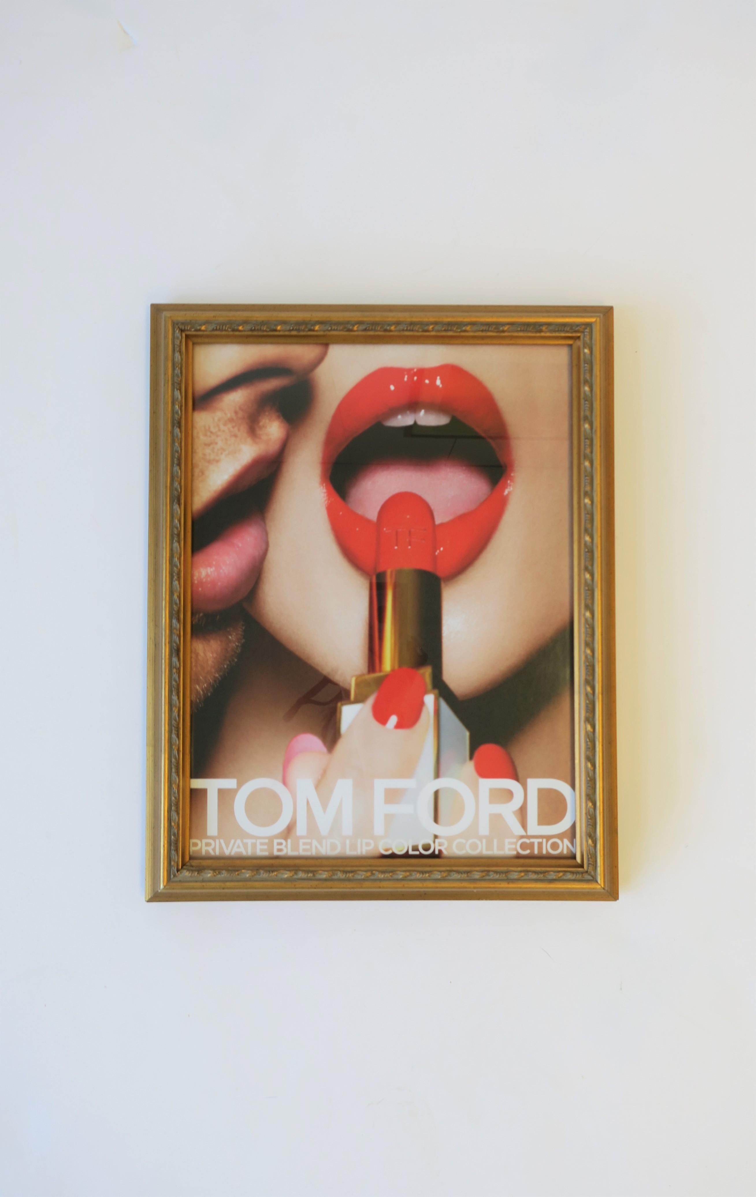 A beautiful Tom Ford framed print advertisement for the Tom Ford makeup brand, circa 2000s, New York. Gold wood frame, glass protective front, wired on back. A great piece for an office, vanity, dressing closet, or bathroom area, etc. 

Piece