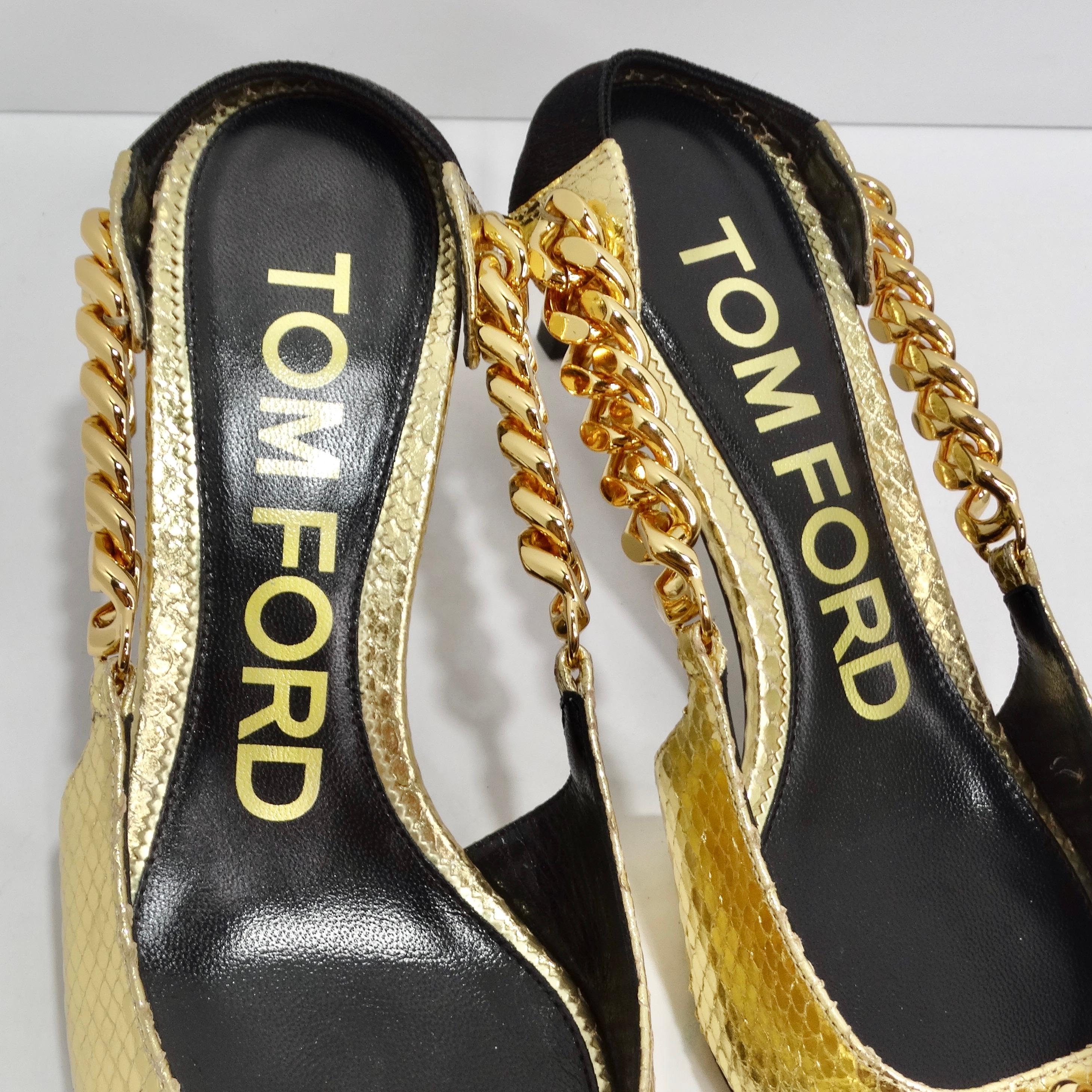 
Introducing the Tom Ford Gold Chain Link Slingback Pumps, a captivating blend of luxury, style, and bold design that will elevate your footwear collection to new heights. These pumps are a true embodiment of opulence. Crafted from a metallic gold