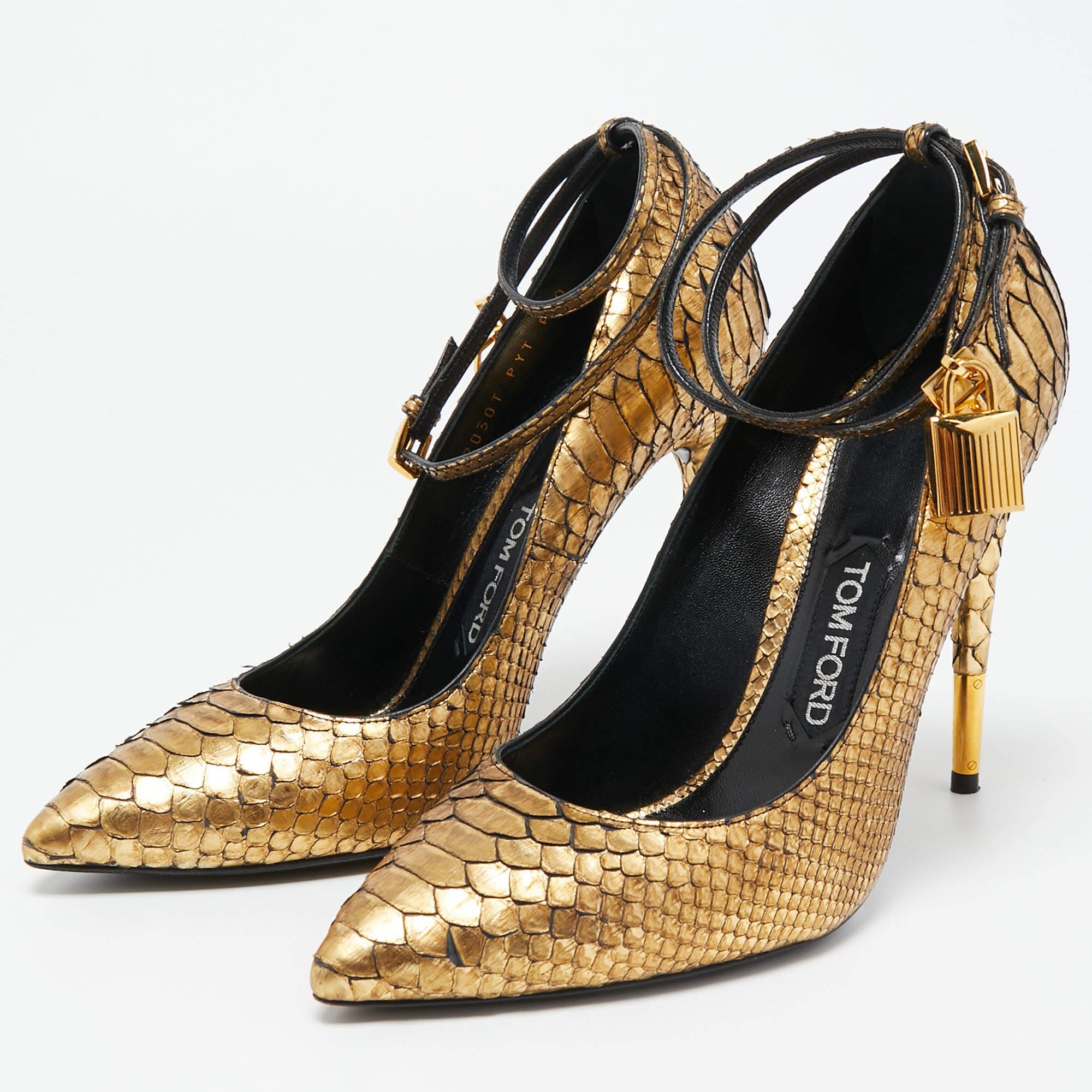 Women's Tom Ford Gold Python Padlock Ankle Strap Pumps Size 39.5