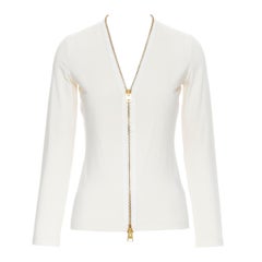 TOM FORD gold tone oversized zipper cream cotton long sleeve top FR36 XS