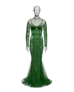 Tom Ford Green Lace and Mesh Evening Dress with Built-In Bra and Train, FW 2011