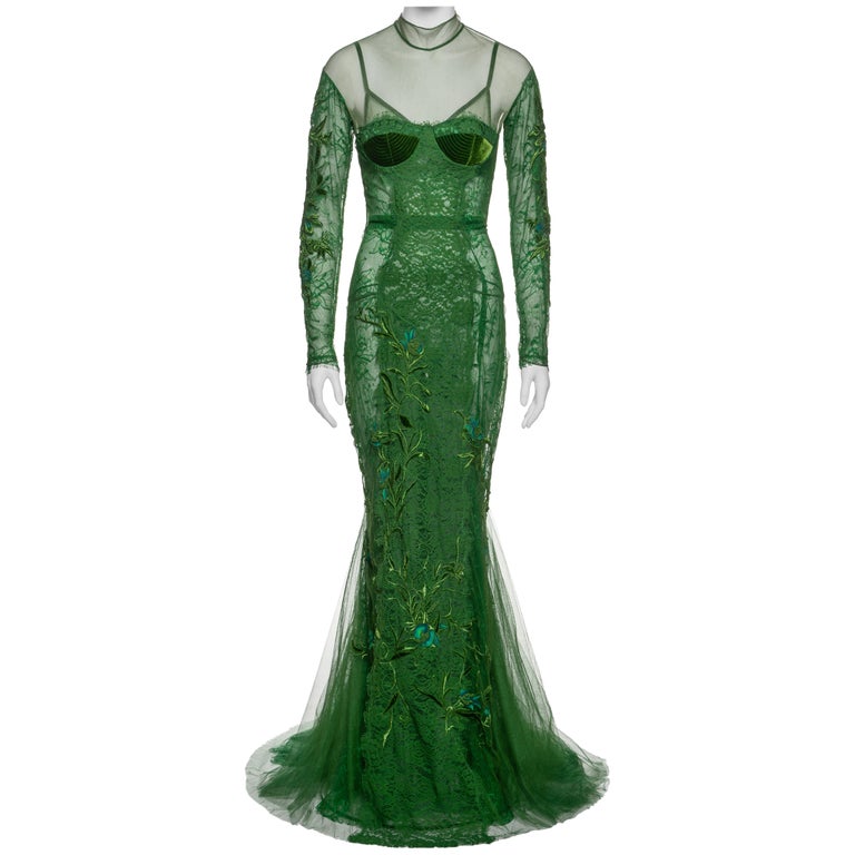 Tom Ford Green Lace and Mesh Evening Dress with Built-In Bra and Train, FW  2011 at 1stDibs