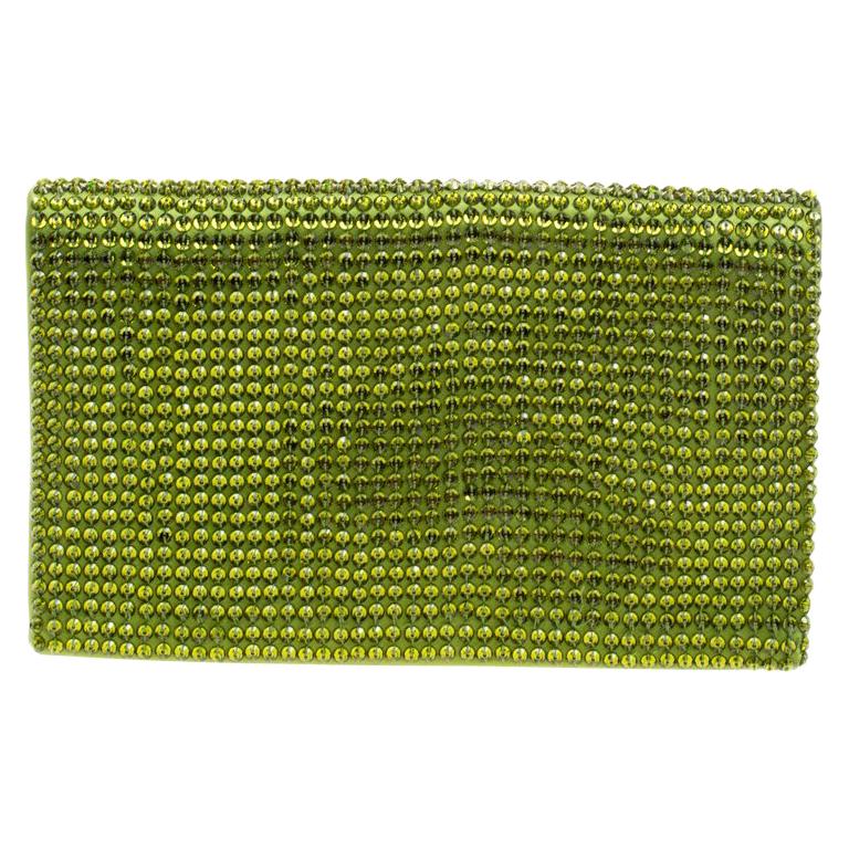 Tom Ford Green Satin Crystal Embellished Flat Clutch