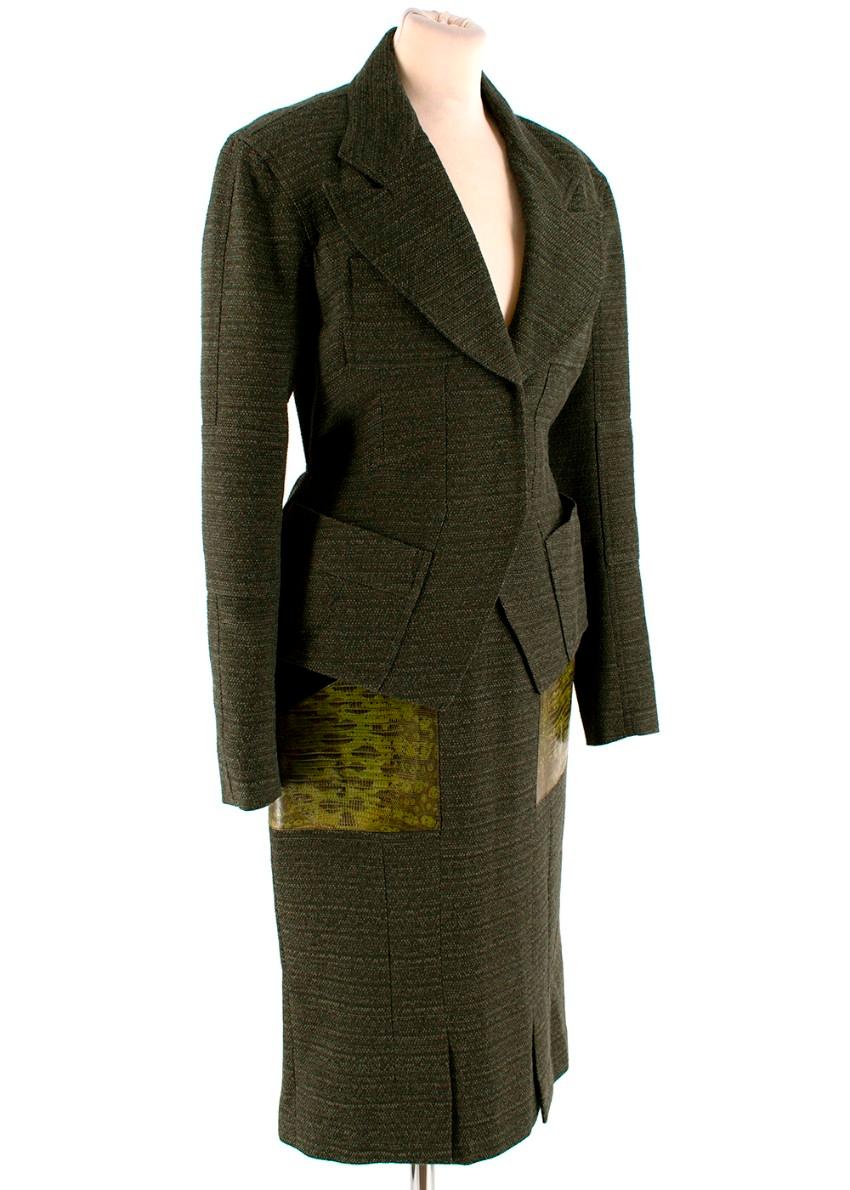 Black Tom Ford Green Tweed Skirt Suit with Snake Embossed Pockets - Size US 4 For Sale