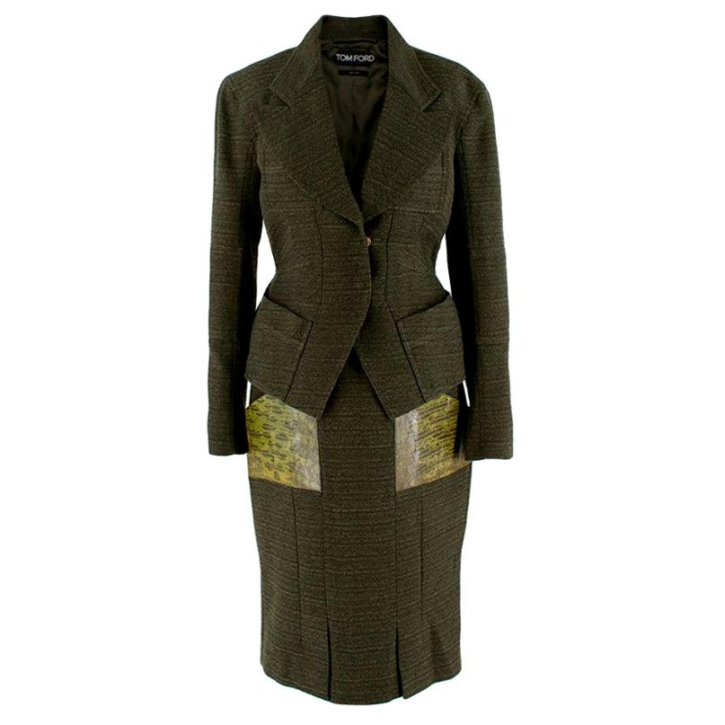 Tom Ford Green Tweed Skirt Suit with Snake Embossed Pockets - Size US 4 For Sale