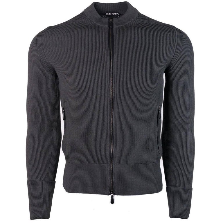 Tom Ford Grey Wool Tight Ribbed Knit Zippered Mock Neck Sweater For ...
