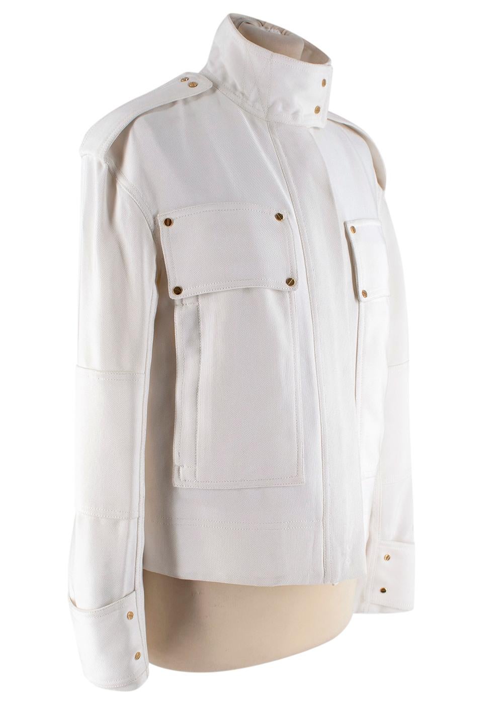 Tom Ford Ivory Military Jacket

- Two pockets on the front 
- Gold tone zips and buttons
- Button Up Collar
- Silk Lining

Measurements are taken with the item lying flat, seam to seam.
Height - 56cm
Width - 44.5cm