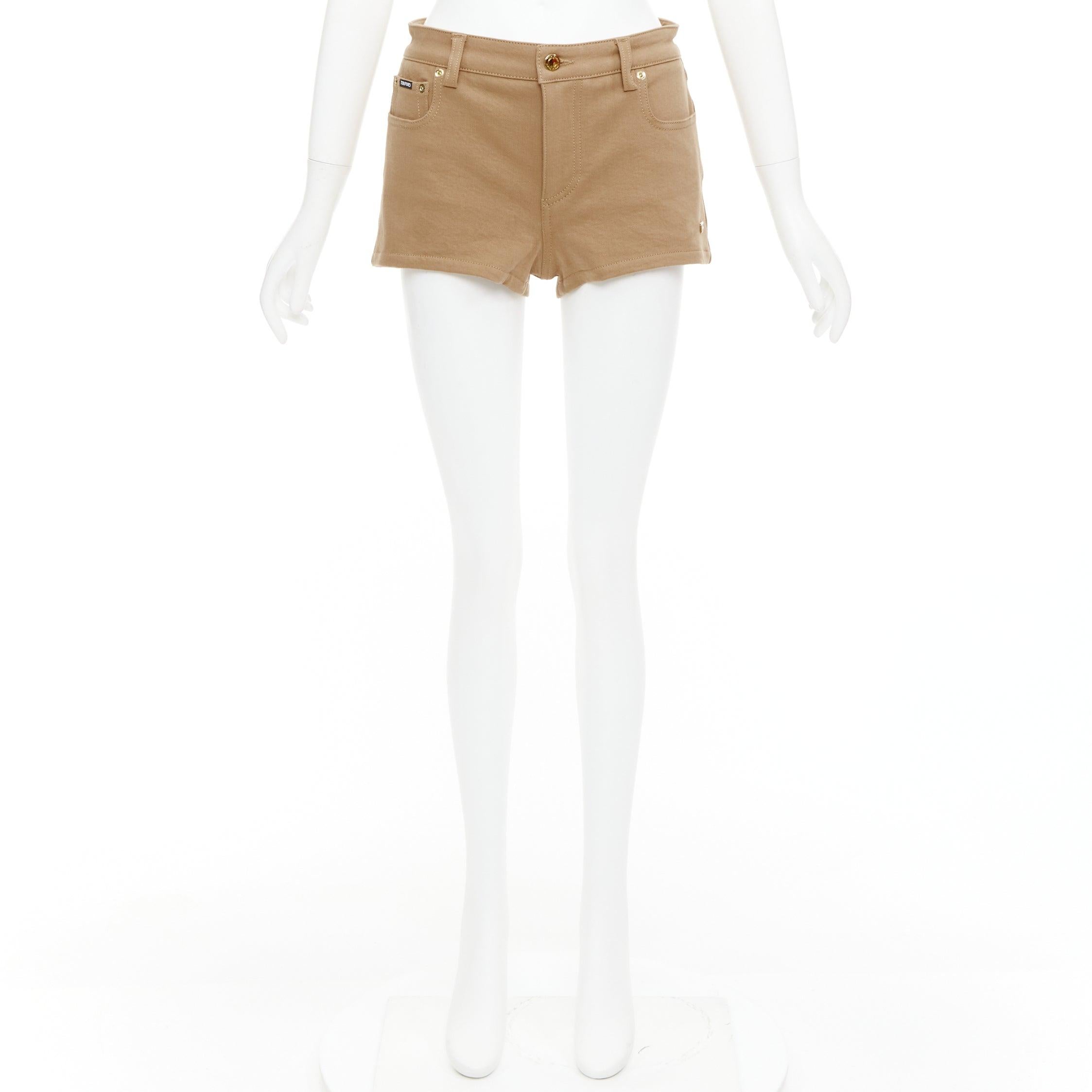 TOM FORD khaki cotton TF logo black blend leather trim mini shorts 25