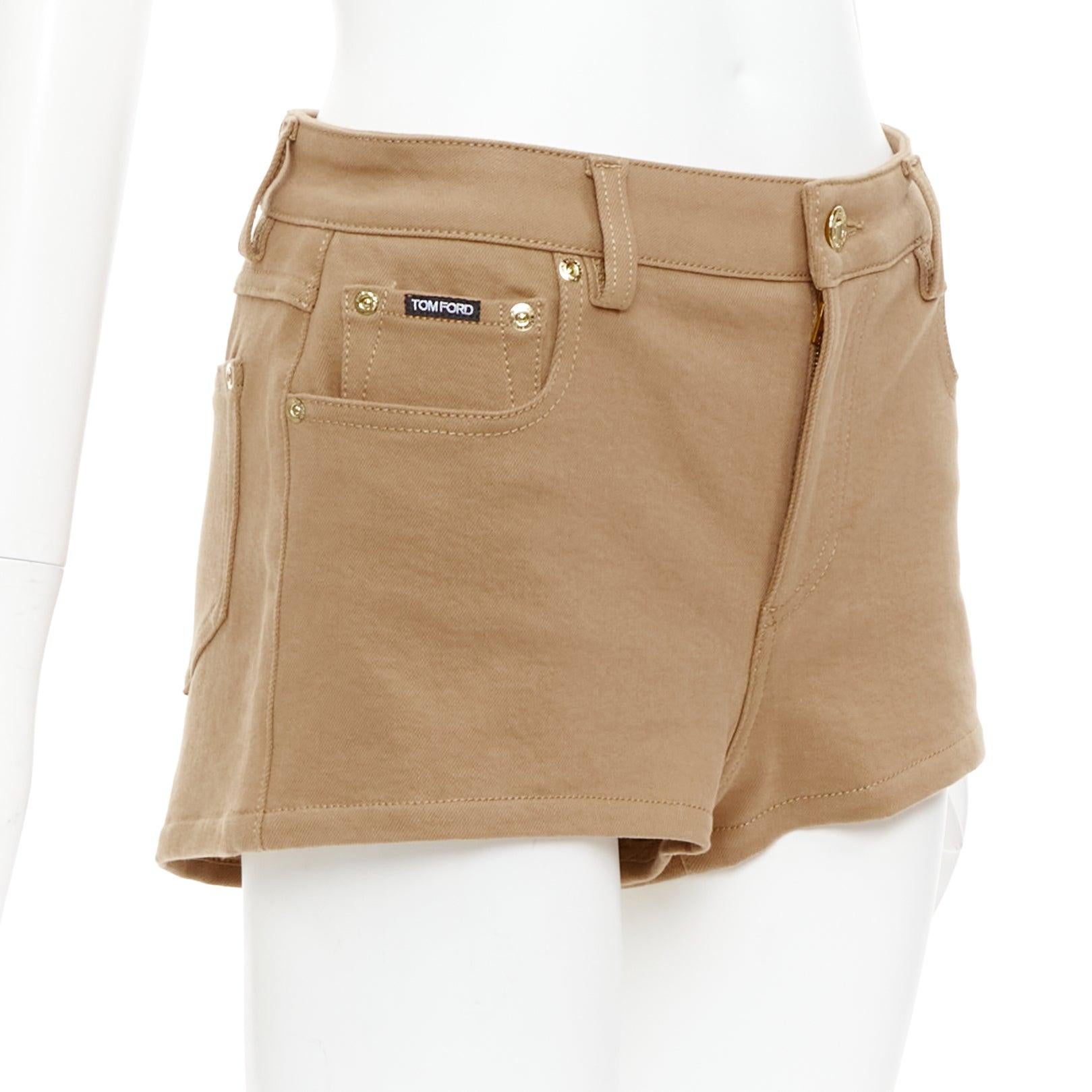 Beige TOM FORD khaki cotton TF logo black blend leather trim mini shorts 25