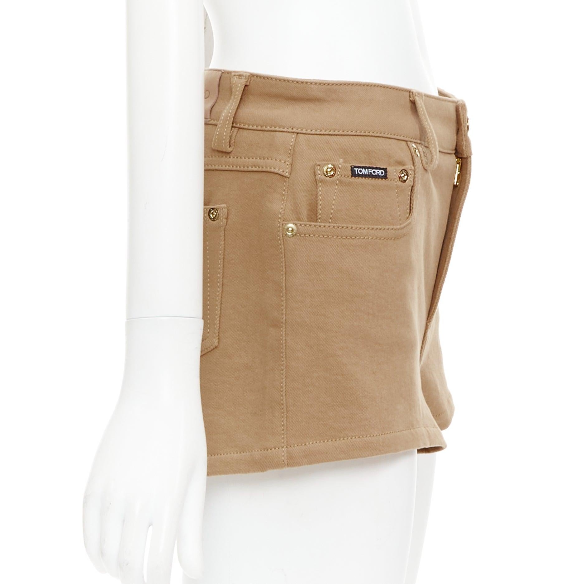 TOM FORD khaki cotton TF logo black blend leather trim mini shorts 25