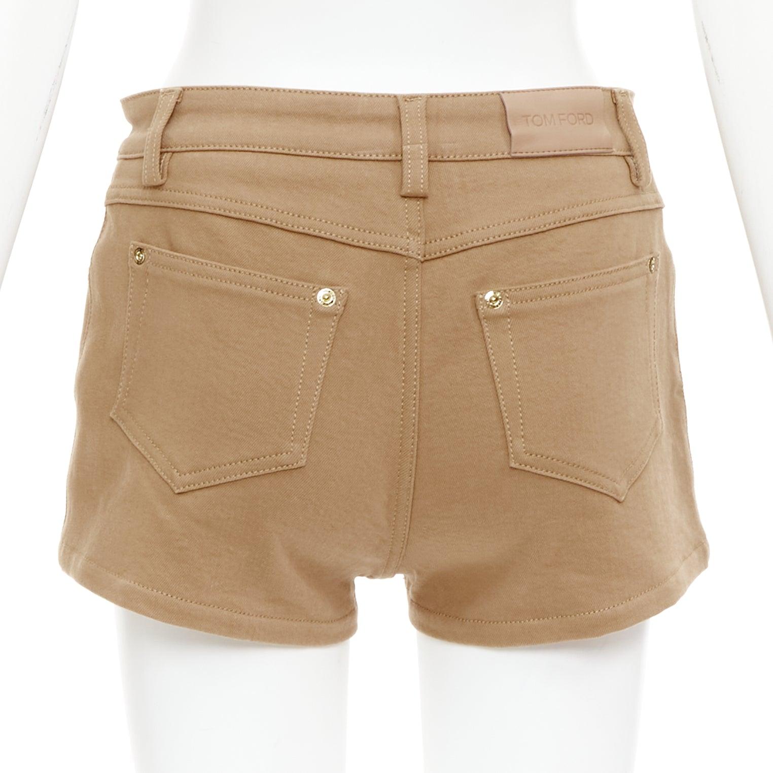 Women's TOM FORD khaki cotton TF logo black blend leather trim mini shorts 25