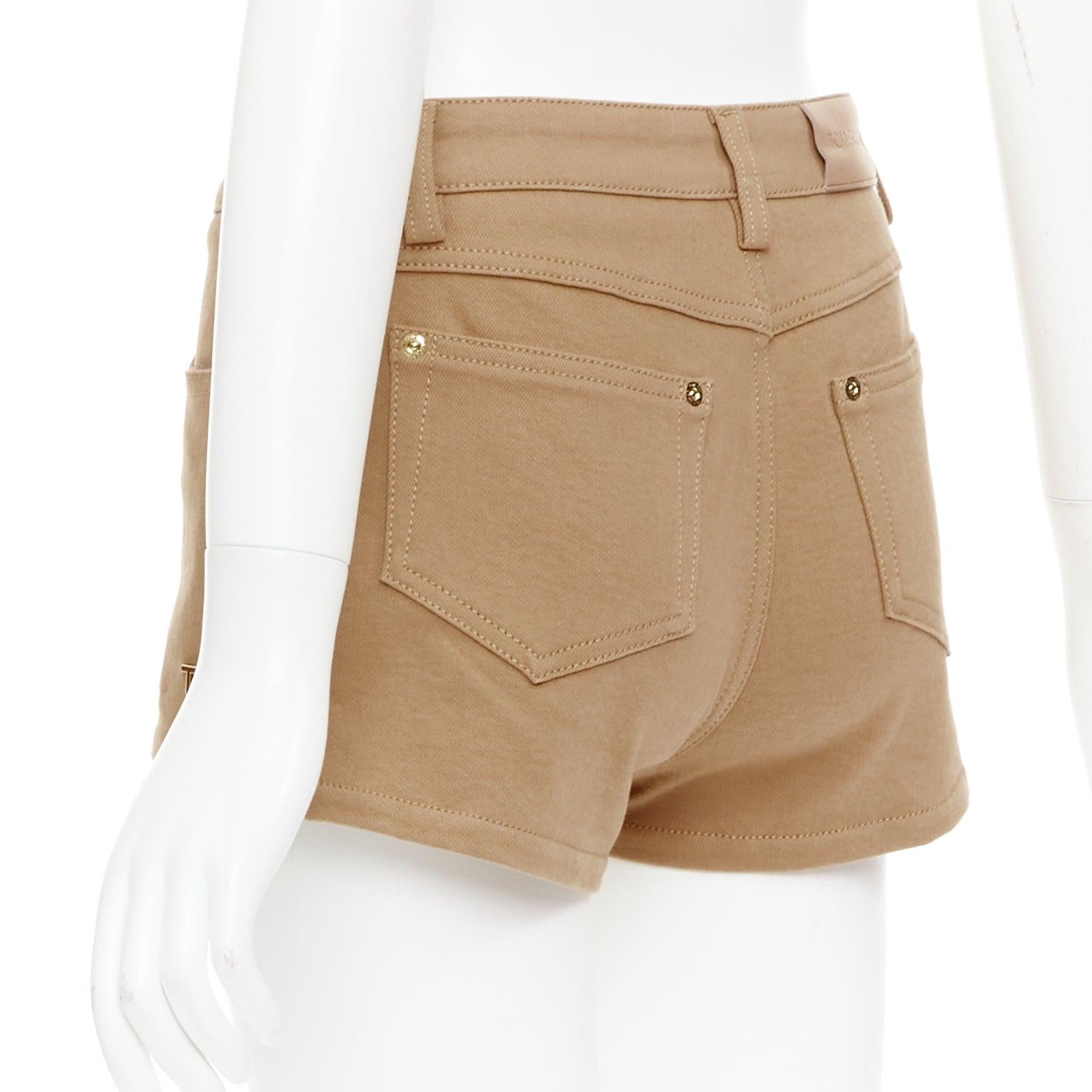 TOM FORD khaki cotton TF logo black blend leather trim mini shorts 25