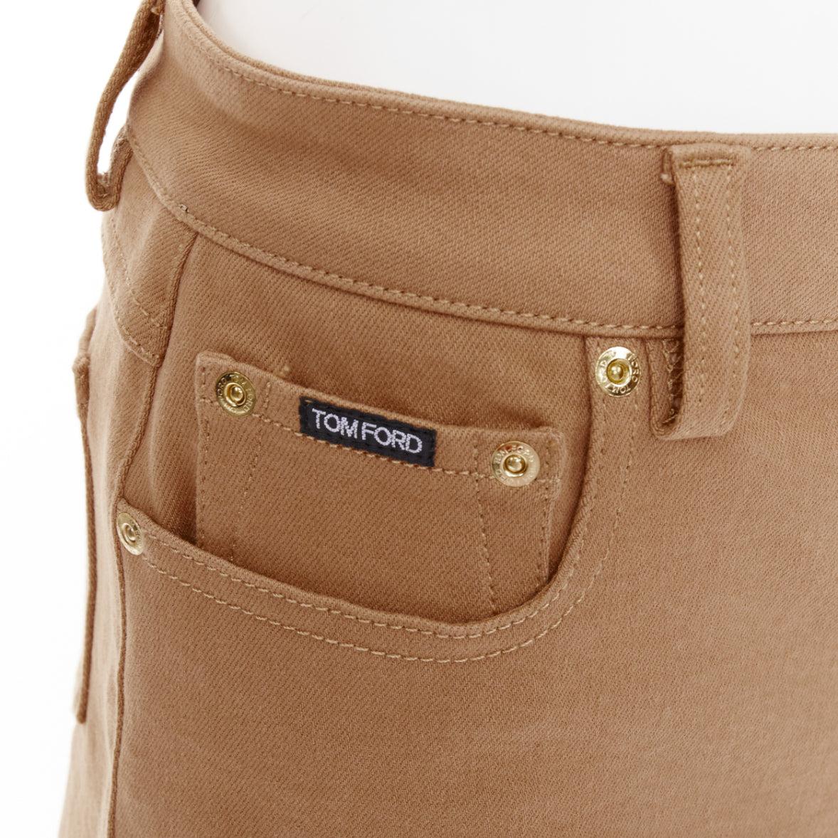 TOM FORD khaki cotton TF logo black blend leather trim mini shorts 25