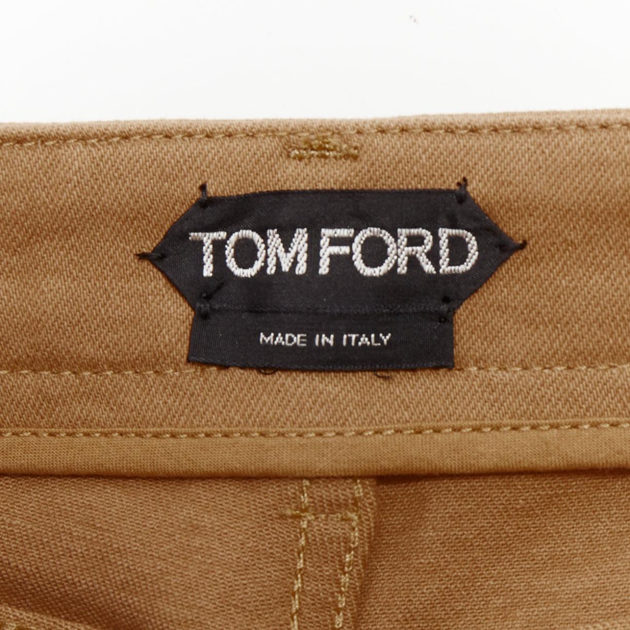 TOM FORD khaki cotton TF logo black blend leather trim mini shorts 25