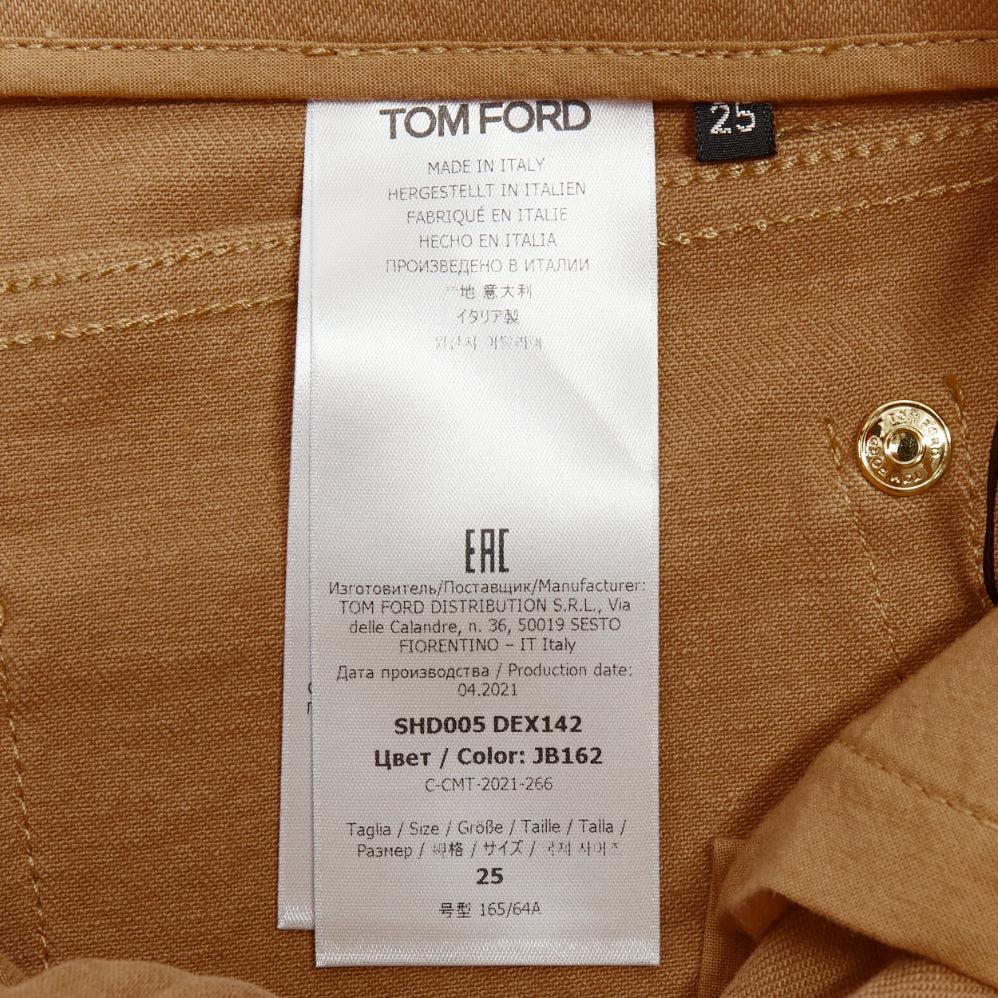 TOM FORD khaki cotton TF logo black blend leather trim mini shorts 25