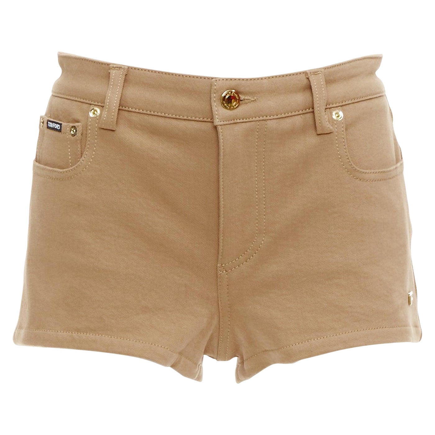 TOM FORD khaki cotton TF logo black blend leather trim mini shorts 25" For Sale