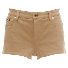 TOM FORD khaki cotton TF logo black blend leather trim mini shorts 25"