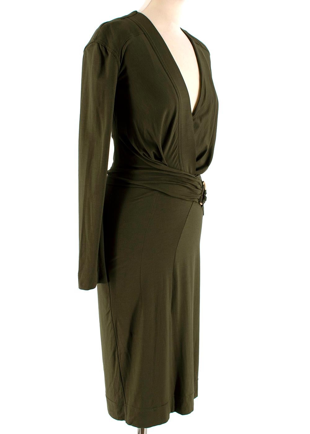 Tom Ford Khaki Plunge Neck D-Ring Wrap Style Dress

- Khaki midi dress
- Stretchy mid-weight material
- Loose fitting
- Plunge crossover neckline 
- Long sleeves 
- D-ring waist belt 
- Side zip fastening 

Materials: 
95% Viscose, 5% Elastane 

Dry
