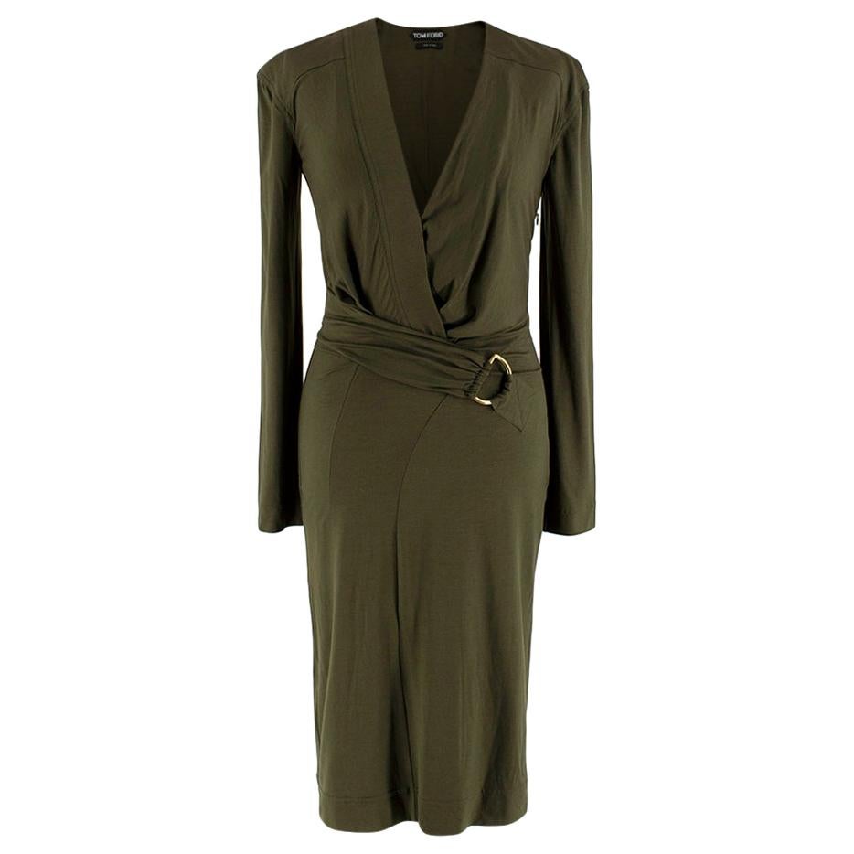 Tom Ford Khaki Plunge Neck D-Ring Wrap Style Dress - Size US 4